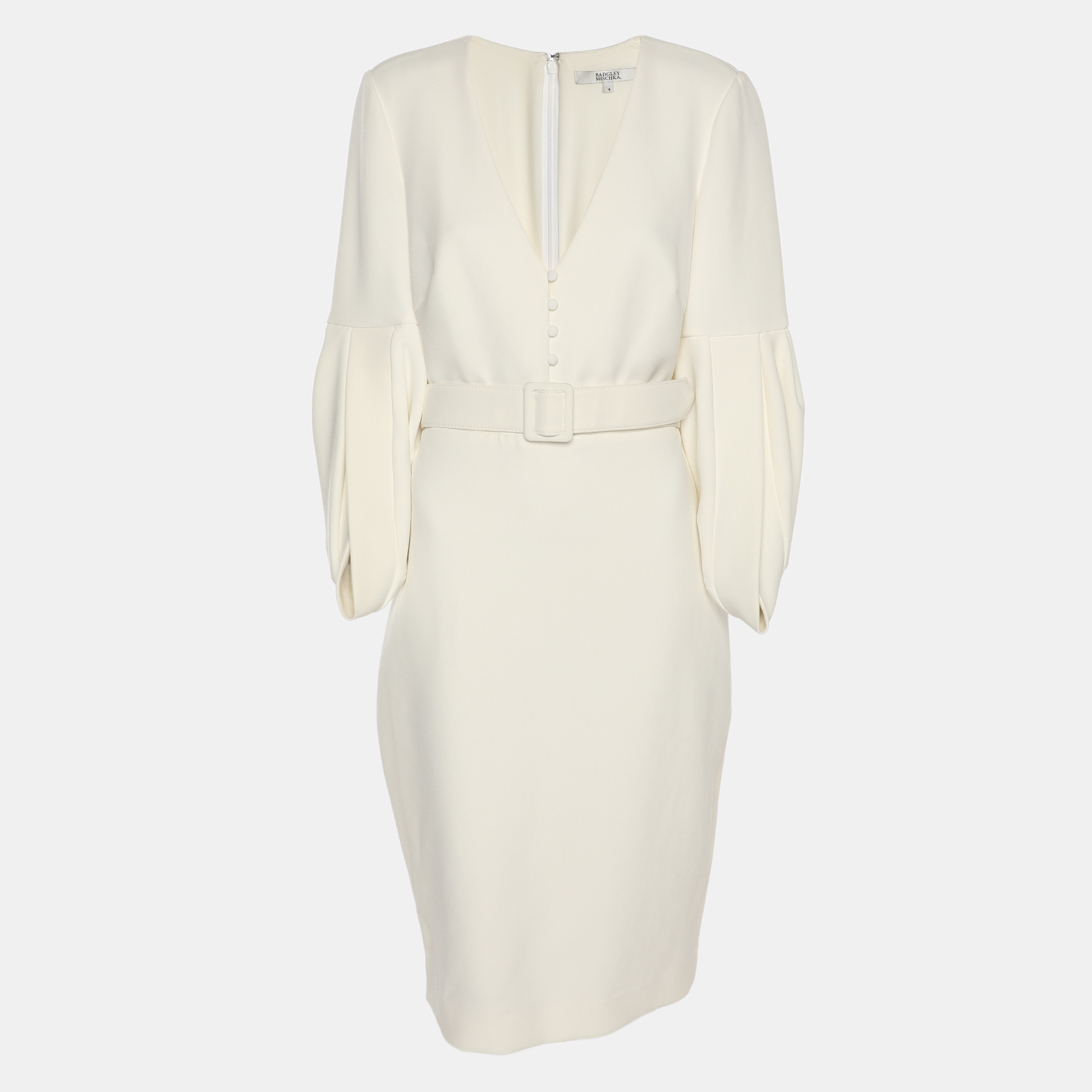 Badgley Mischka White Stretch Crepe Belted Dress