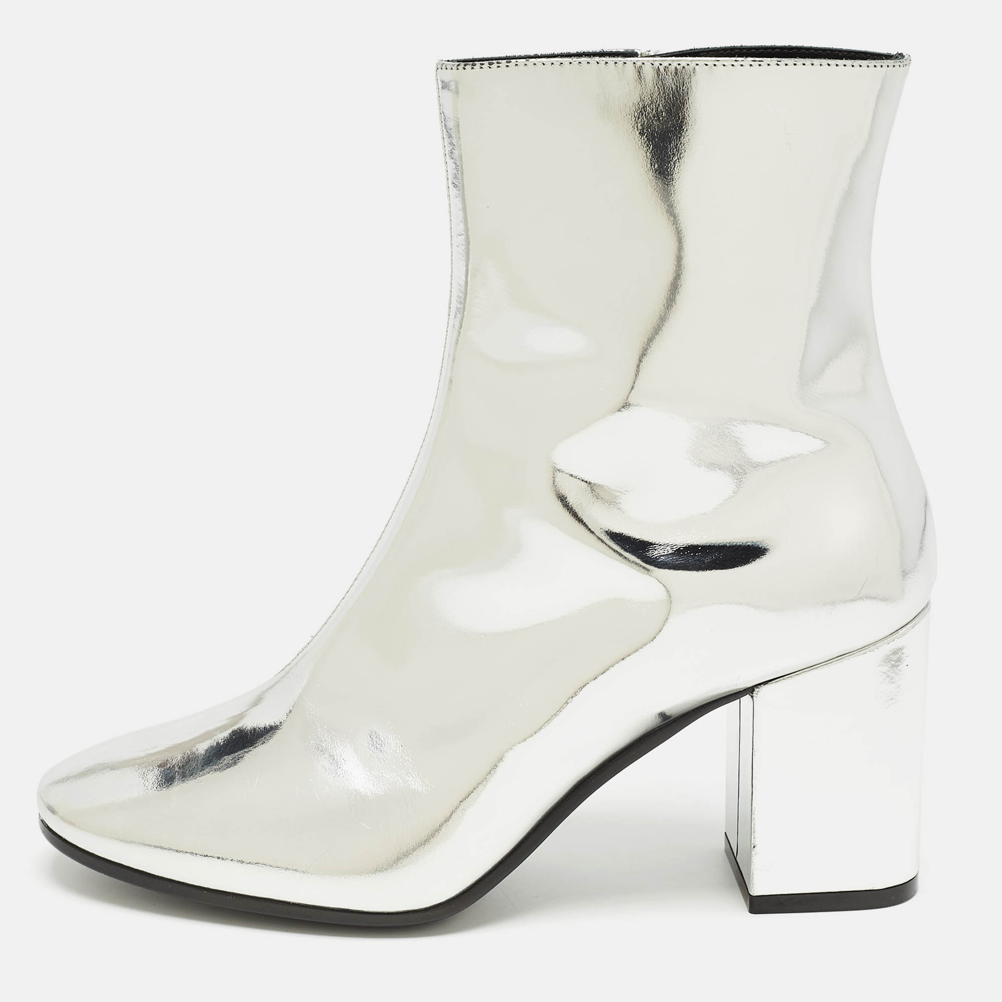 Balenciaga Silver Patent Leather Zip Ankle Boots