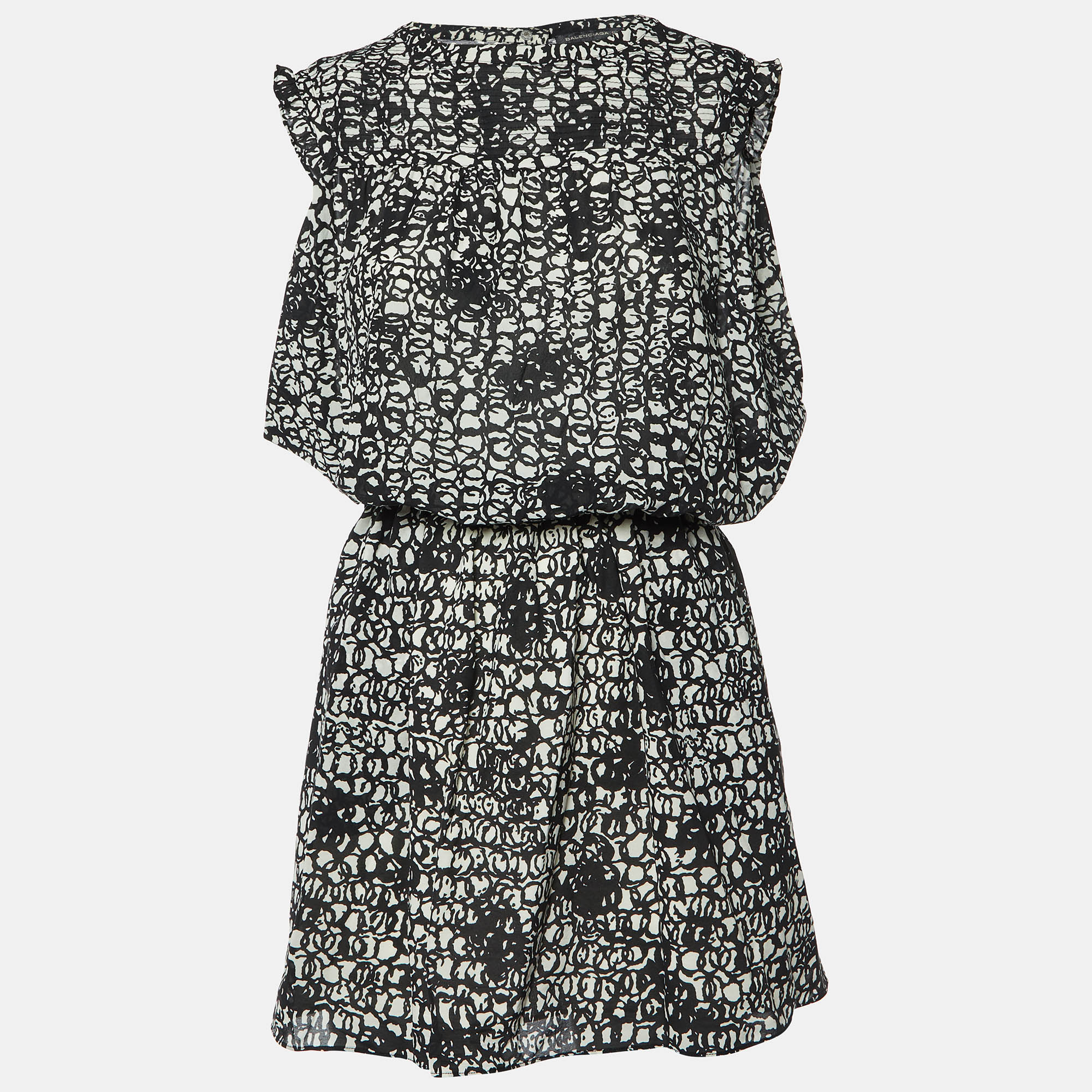 Balenciaga BlackWhite Abstract Print Silk Mini Dress