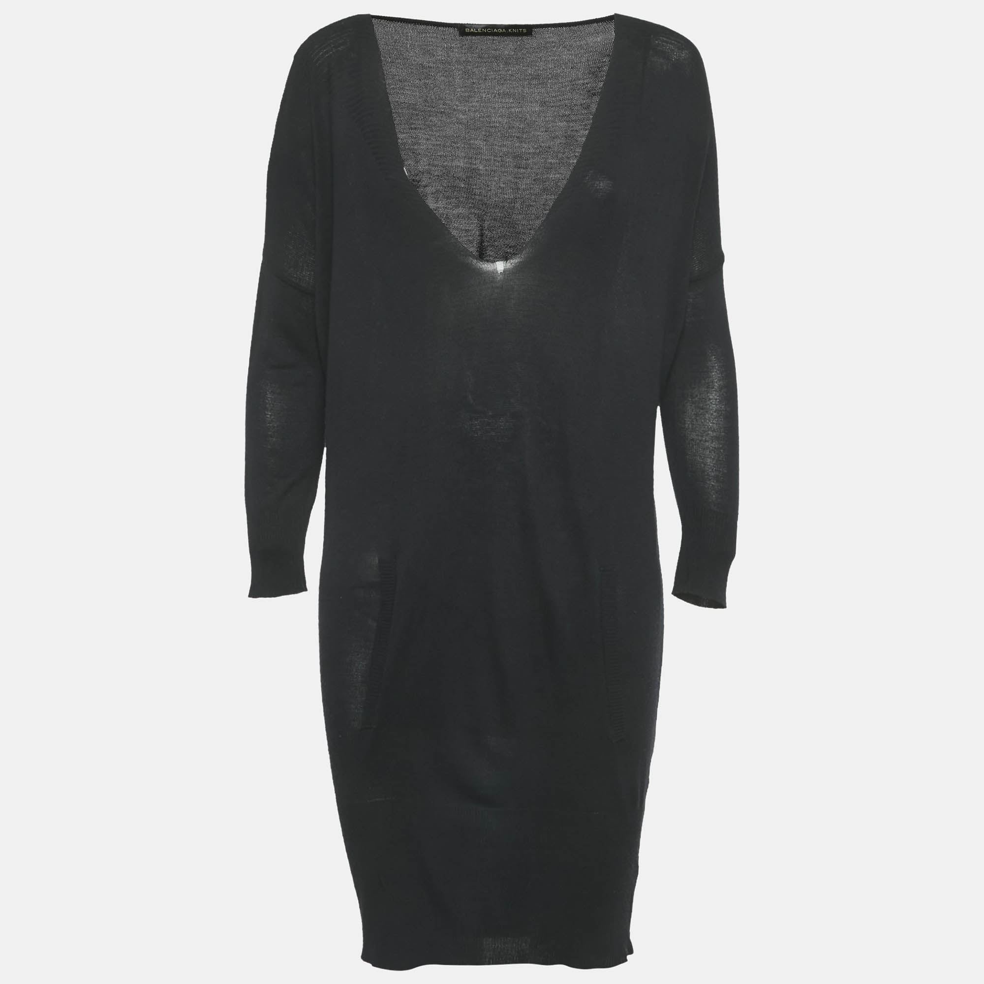 Balenciaga Black Knit V-Neck Dress
