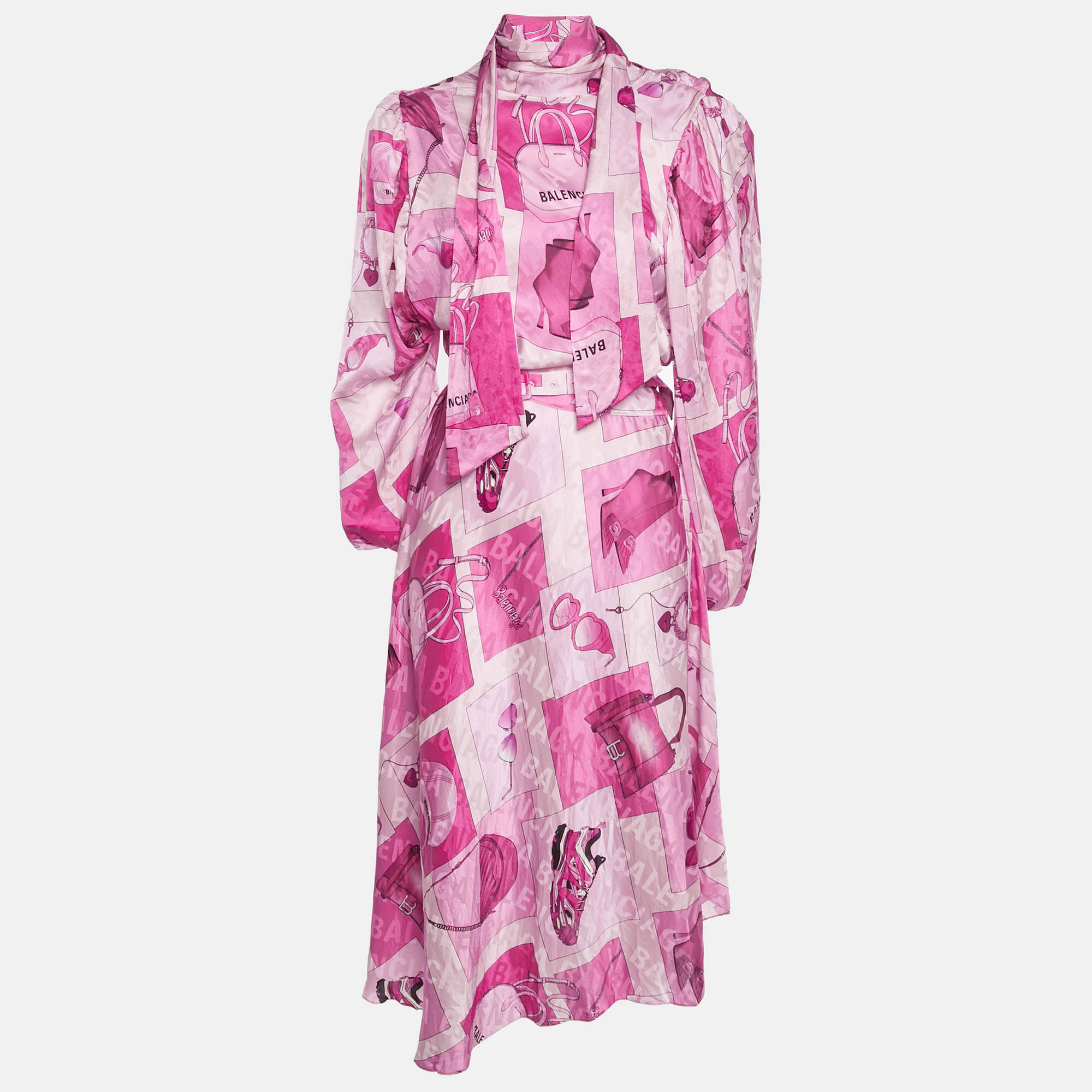 Balenciaga Pink Logo Accessory Print Silk Asymmetric Midi Dress
