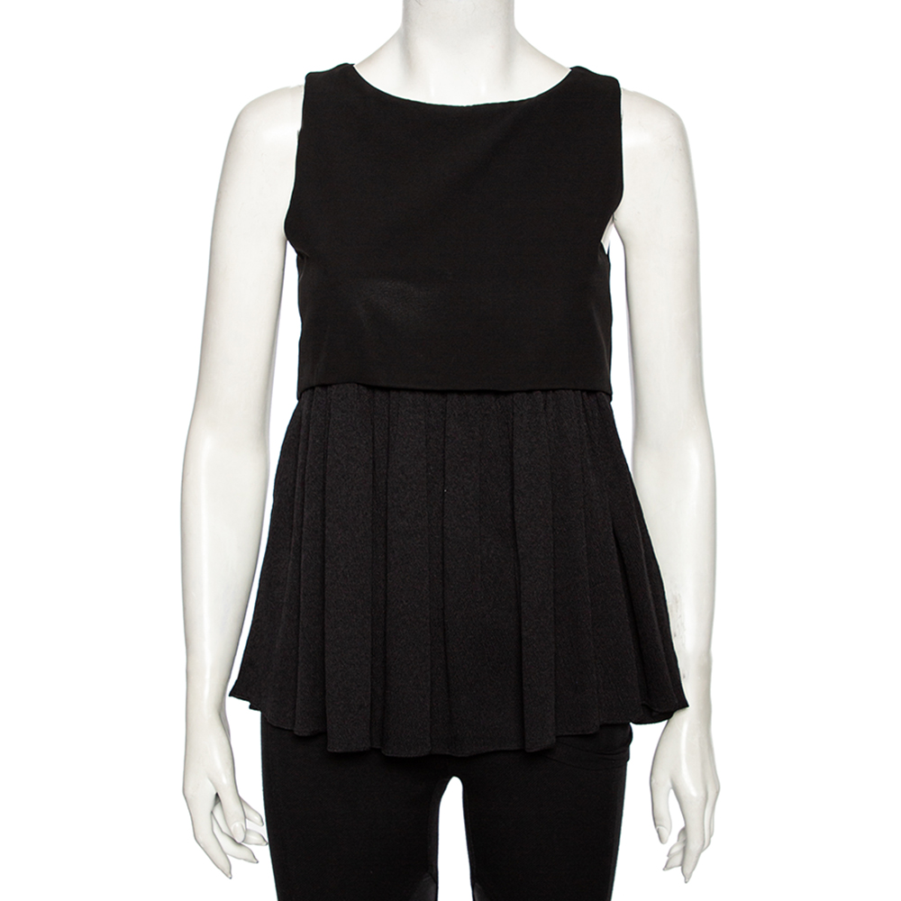Balenciaga Black Textured Silk Contrast Overlay Detailed Sleeveless Mini Dress