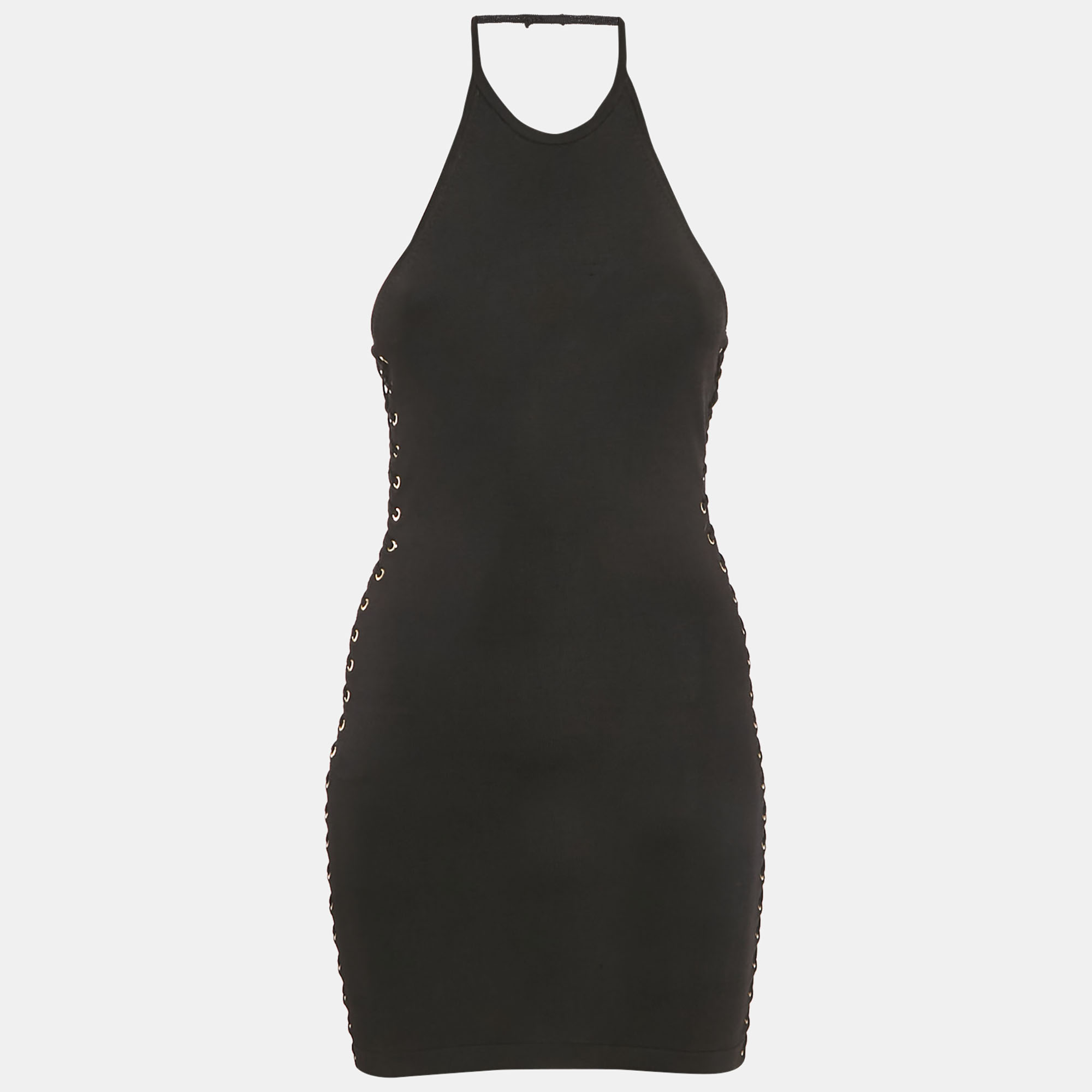 Balmain Black Knit Lace-Up Detail Halter Neck Mini Dress