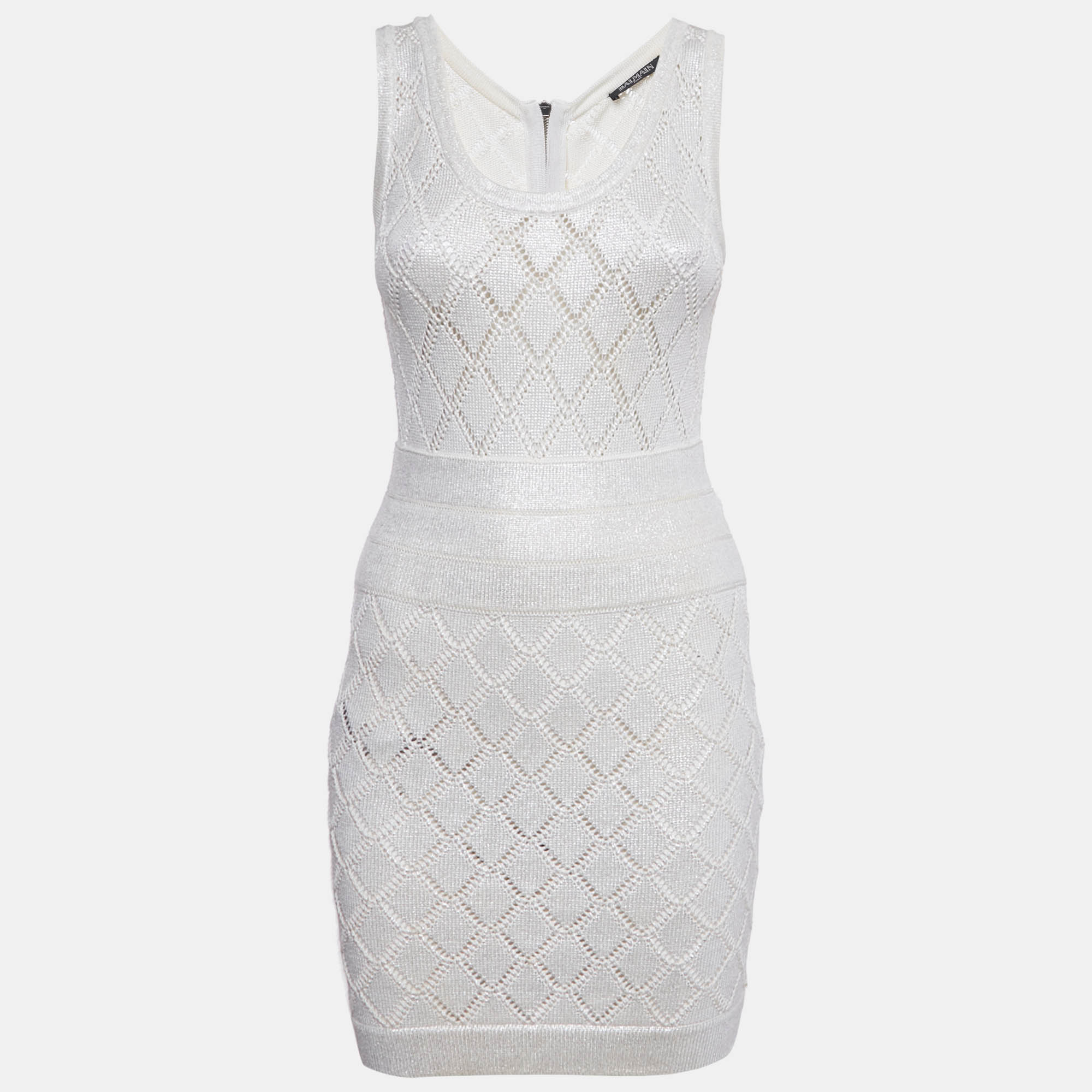 Balmain Ivory Lurex Knit Sleeveless Mini Dress