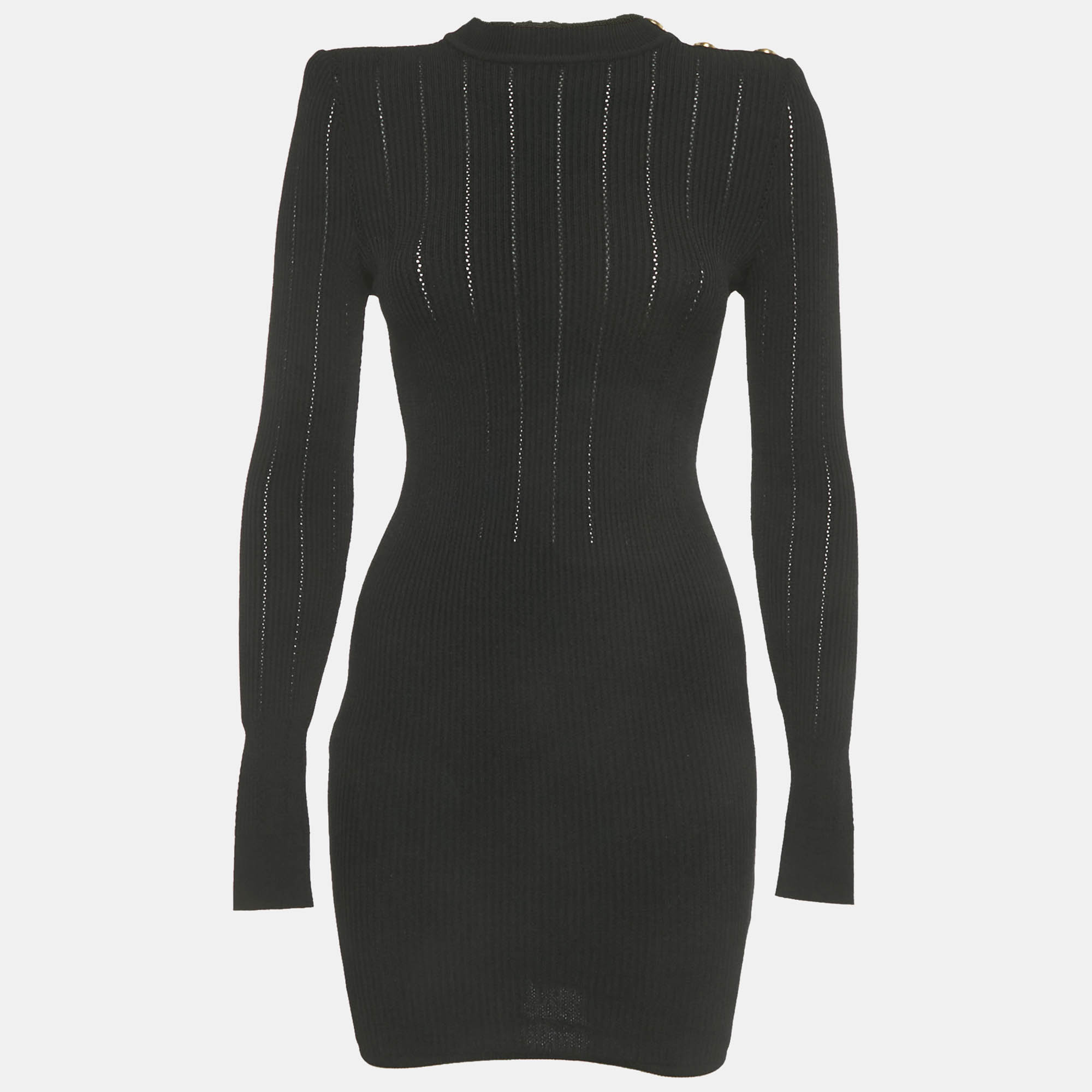 Balmain Black Stretch Knit Zip UP Mini Dress