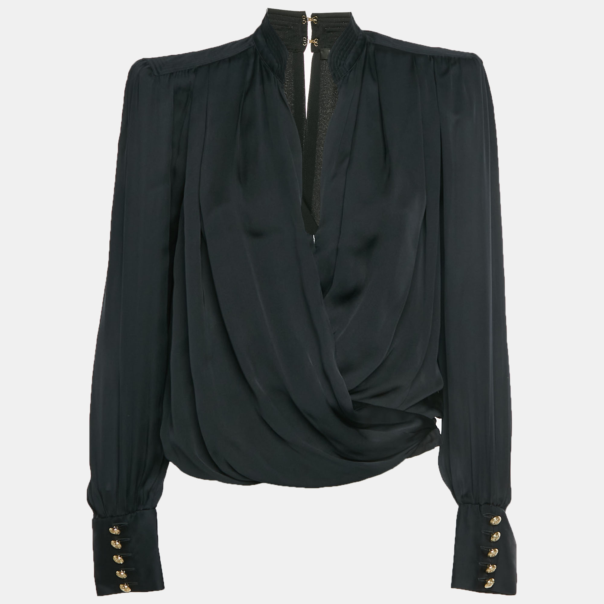 Balmain Black Satin Draped Long Sleeve Blouse