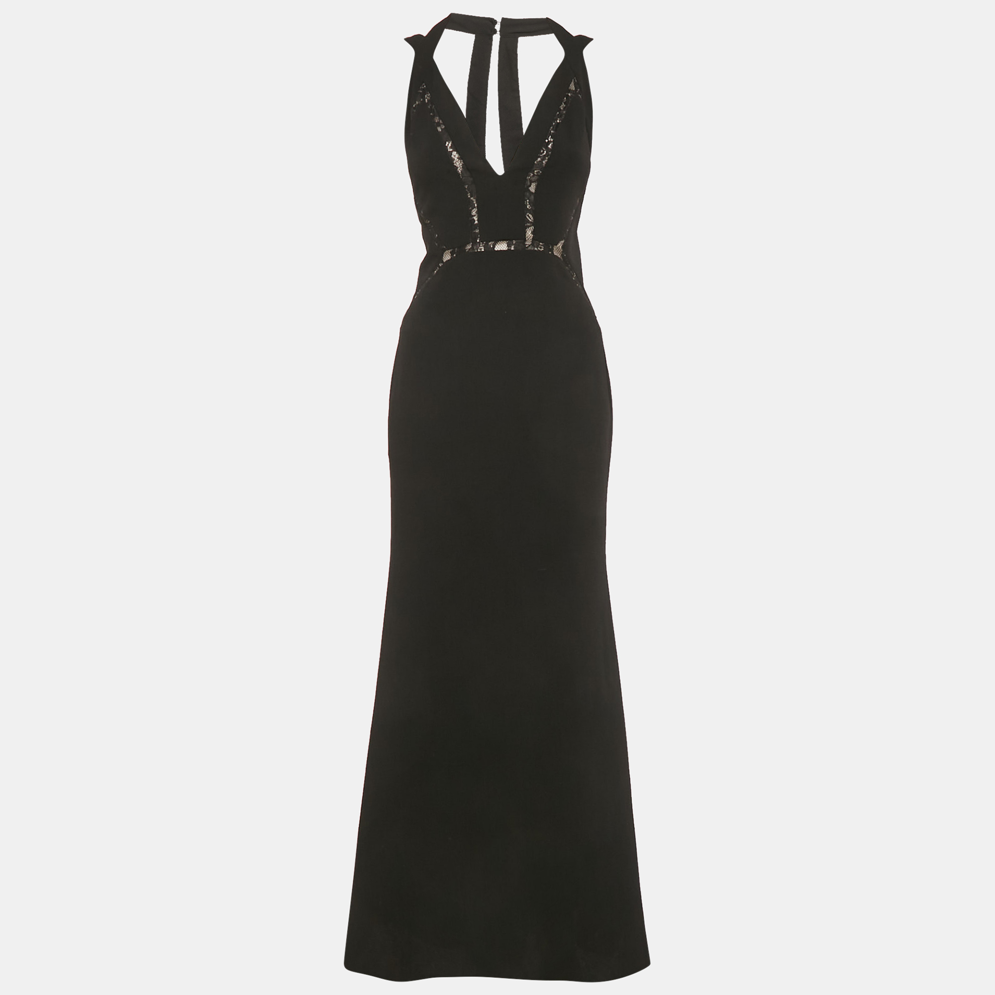 BCBCMaxAzria Black Crepe Lace Detail Penelopey Maxi Dress