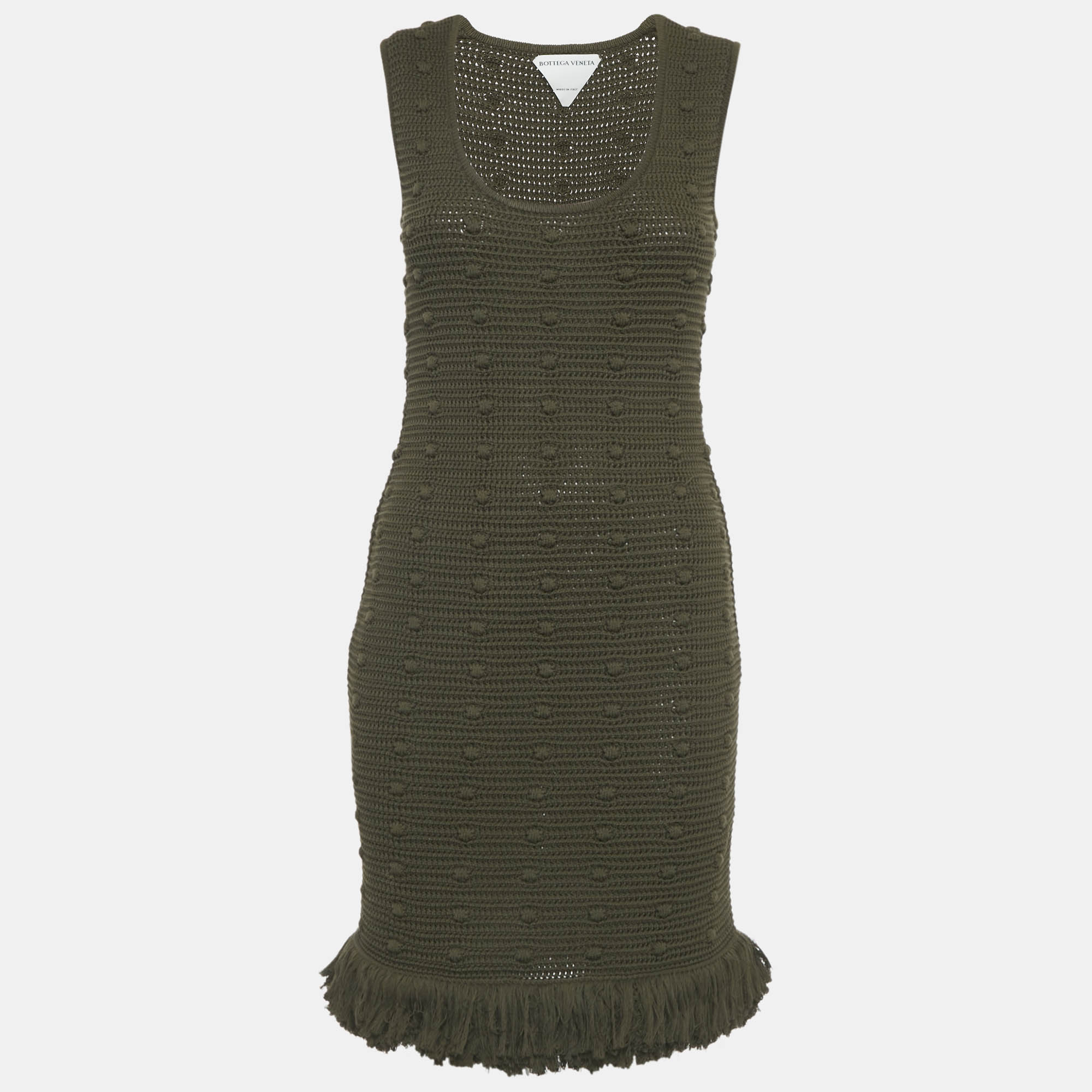 Bottega Veneta Olive Green Crochet Fringe Detail Mini Dress