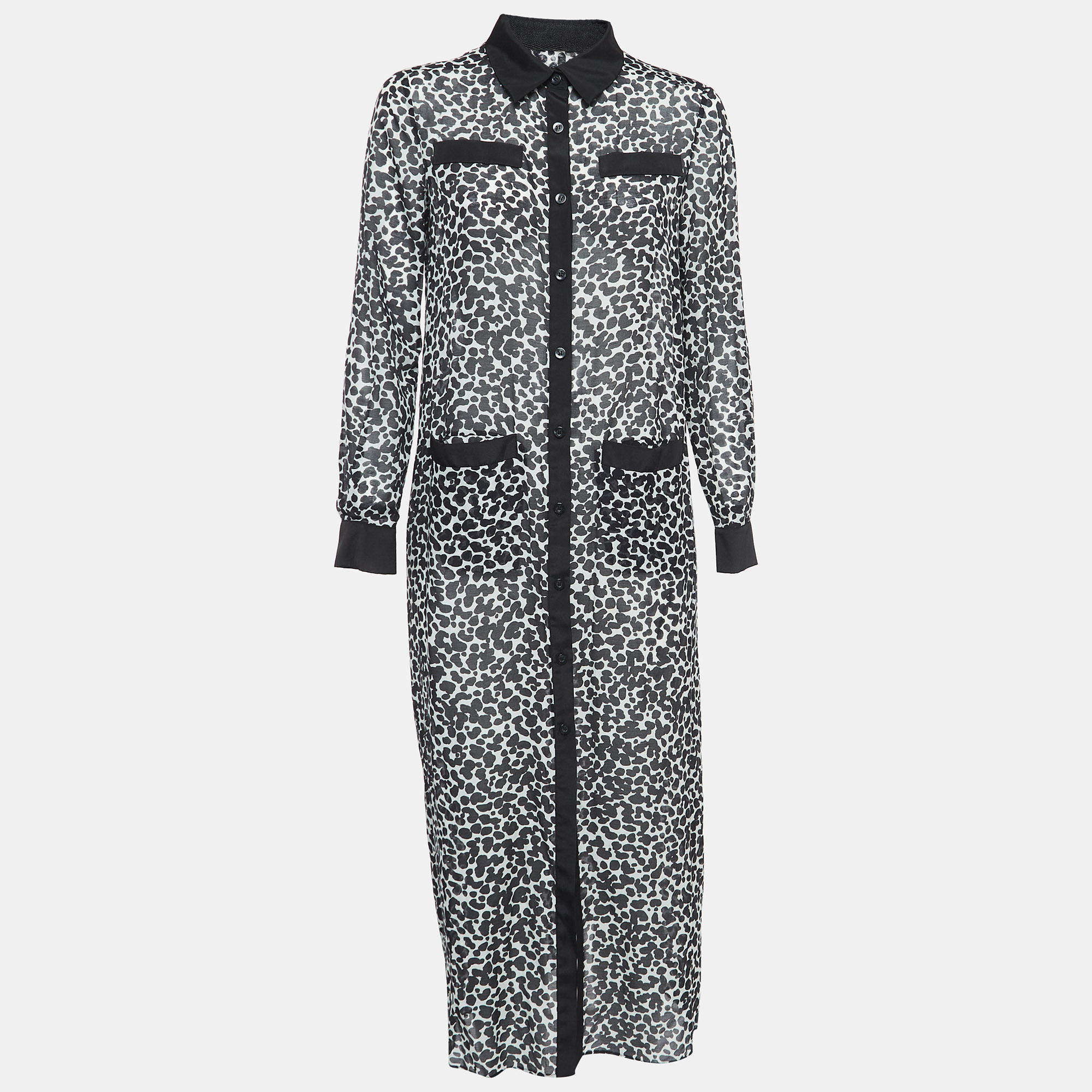 Boutique Moschino Black & White Printed Silk Blend Buttoned Front Midi Dress
