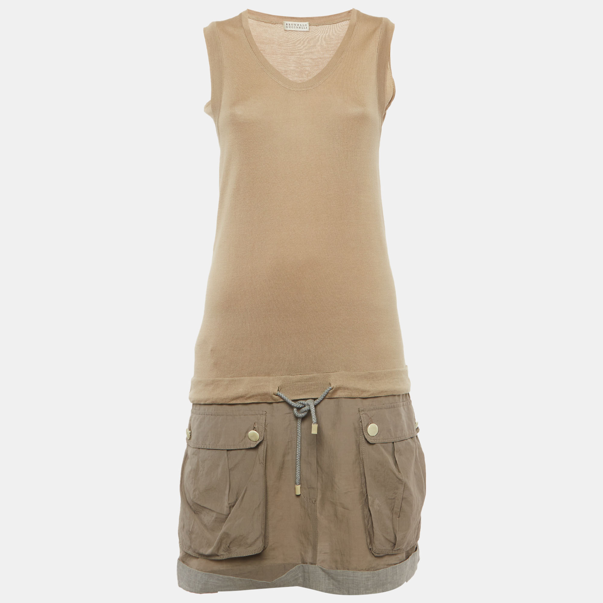 Brunello Cucinelli Beige Cotton Knit Sleeveless Short Dress