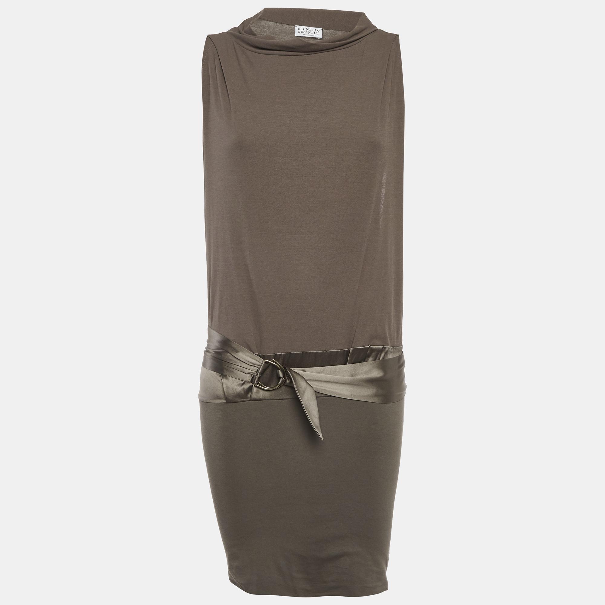 Brunello Cucinelli Light Brown Satin and Jersey Belt Detail Midi Dress