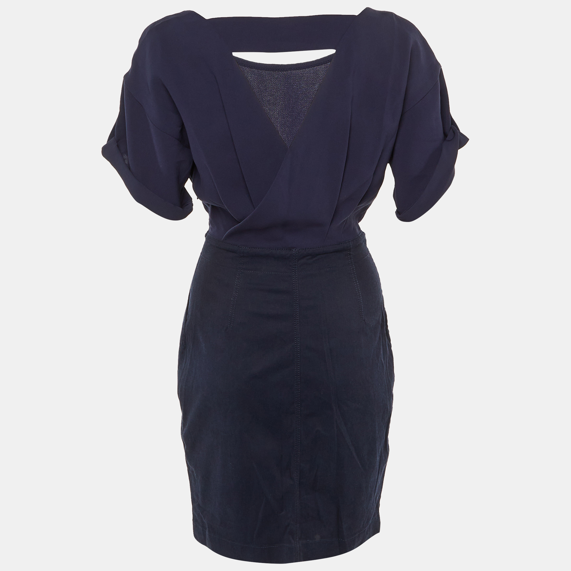Burberry Brit Navy Blue Crepe & Cotton Knee Length Dress