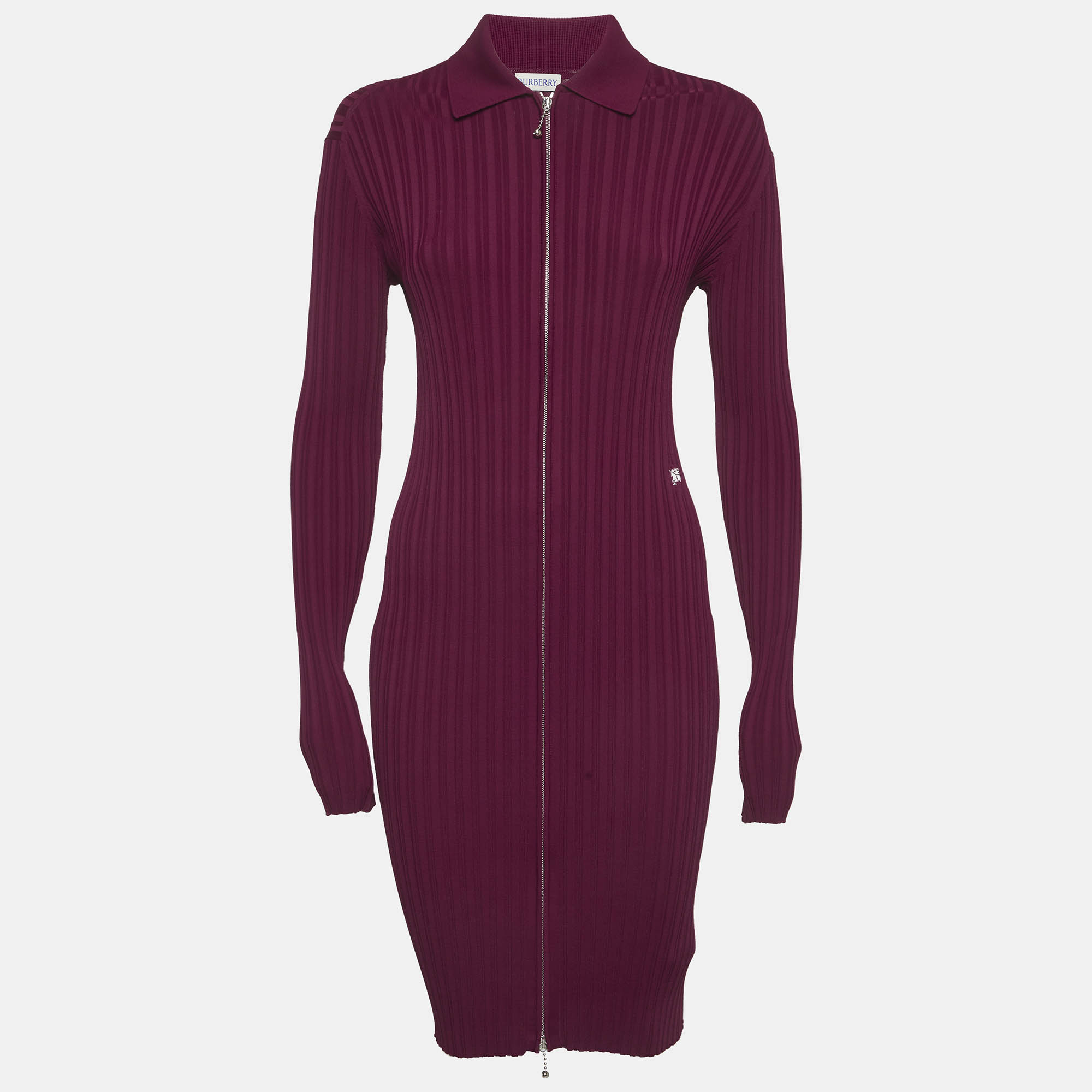 Burberry Burgundy Rib Knit Zip-Up Midi Dress