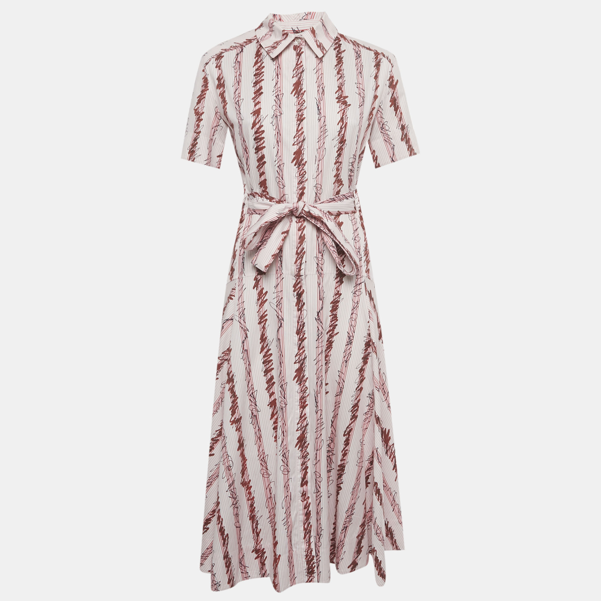 Burberry Pink Scribble Printed Cotton Belted Shirt Dress