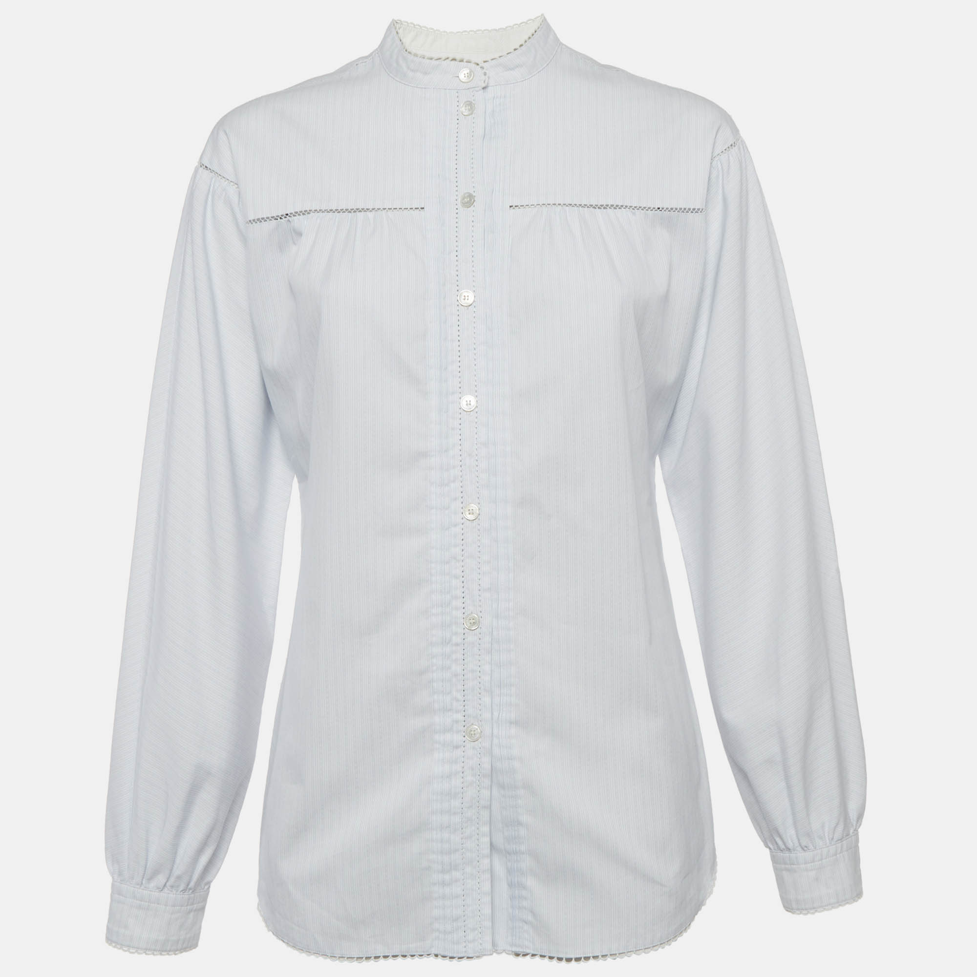 Burberry BlueWhite Striped Cotton Puff Sleeves Blouse