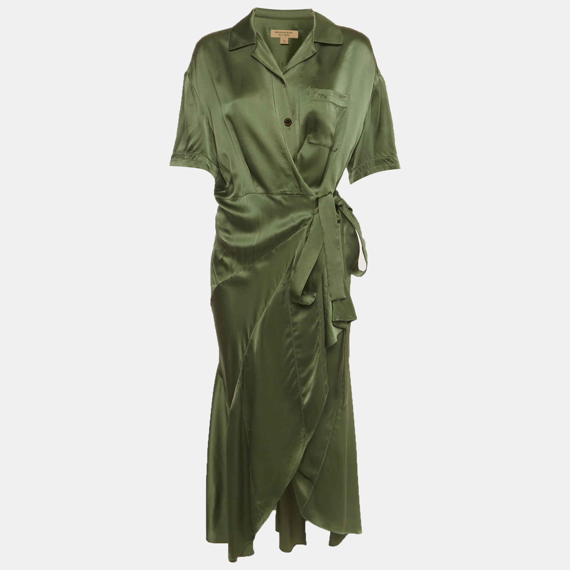 Burberry Green Satin Wrap Button Up Shirt Dress