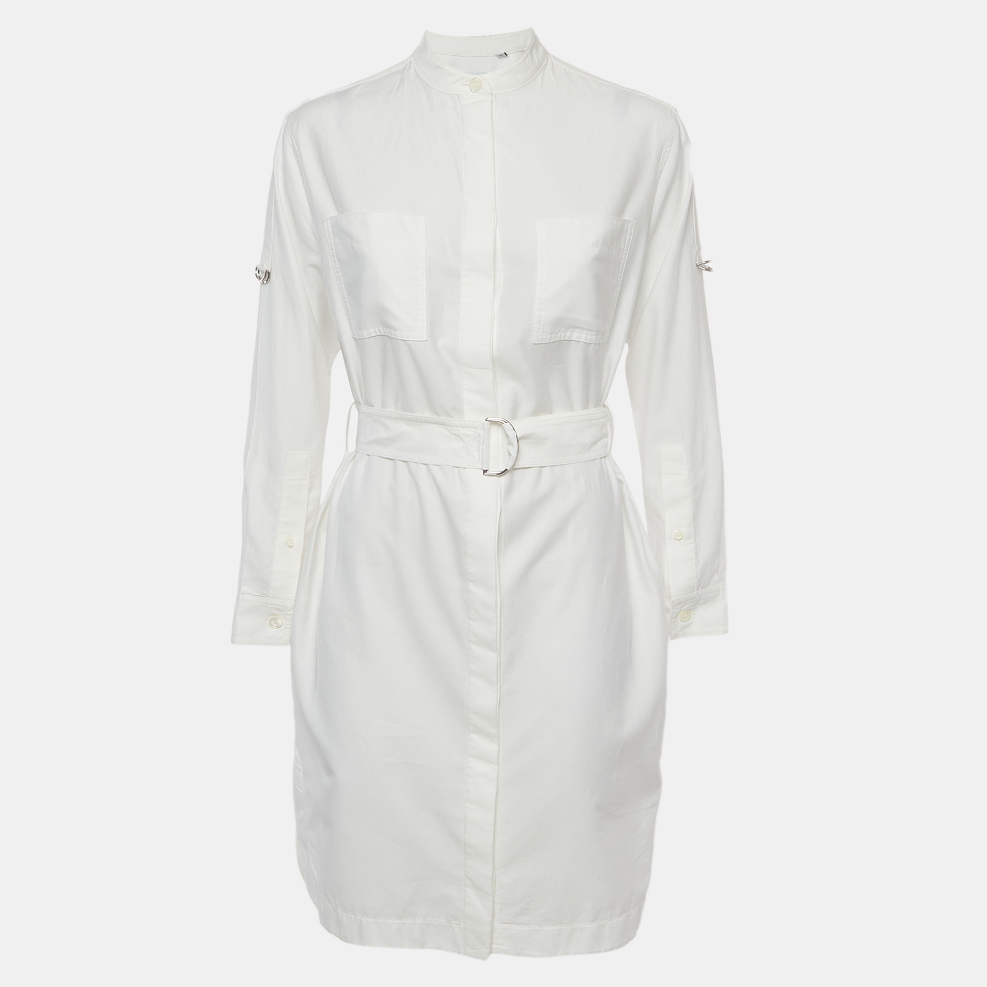 Burberry White Cotton Long Sleeve Belted Dress