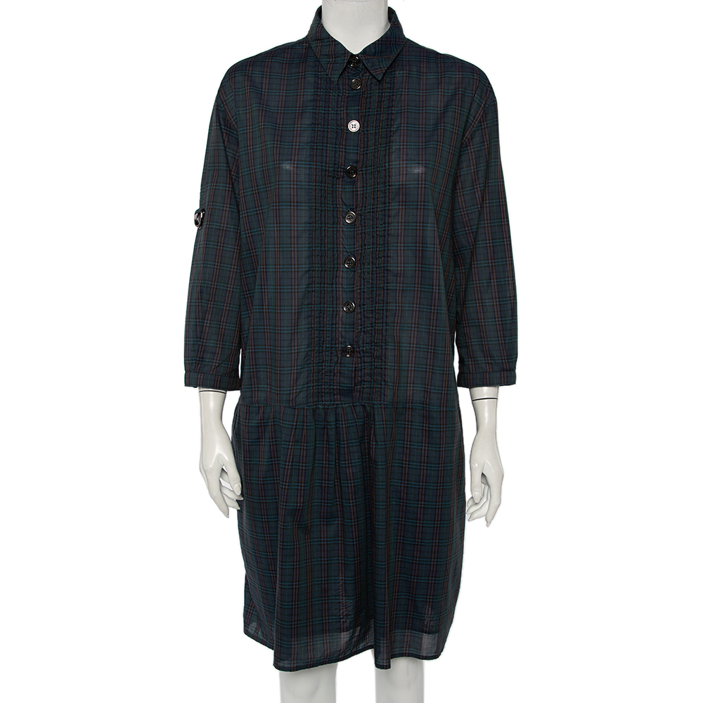 Burberry Green Checkered Cotton Pintuck Detail Shift Dress