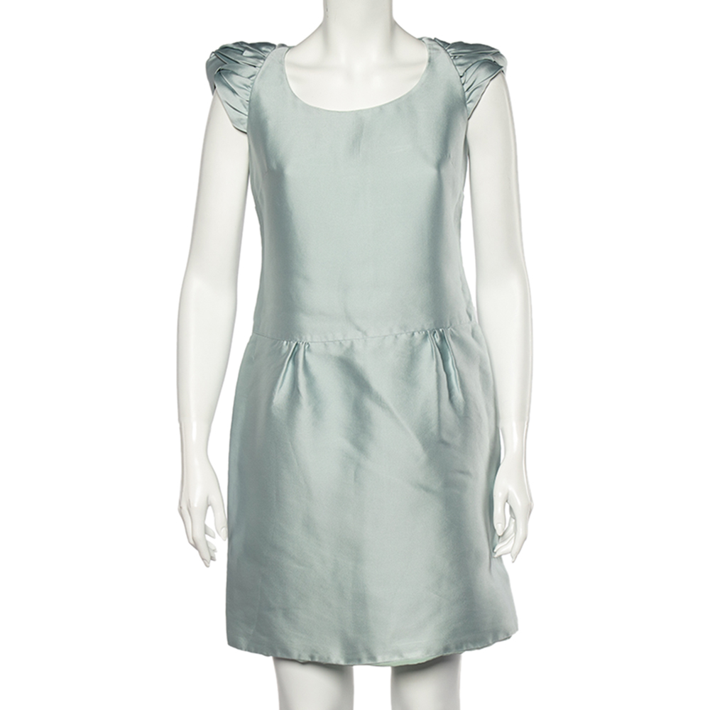 Burberry Prorsum Light Blue Sateen Gathered Detailed Short Dress