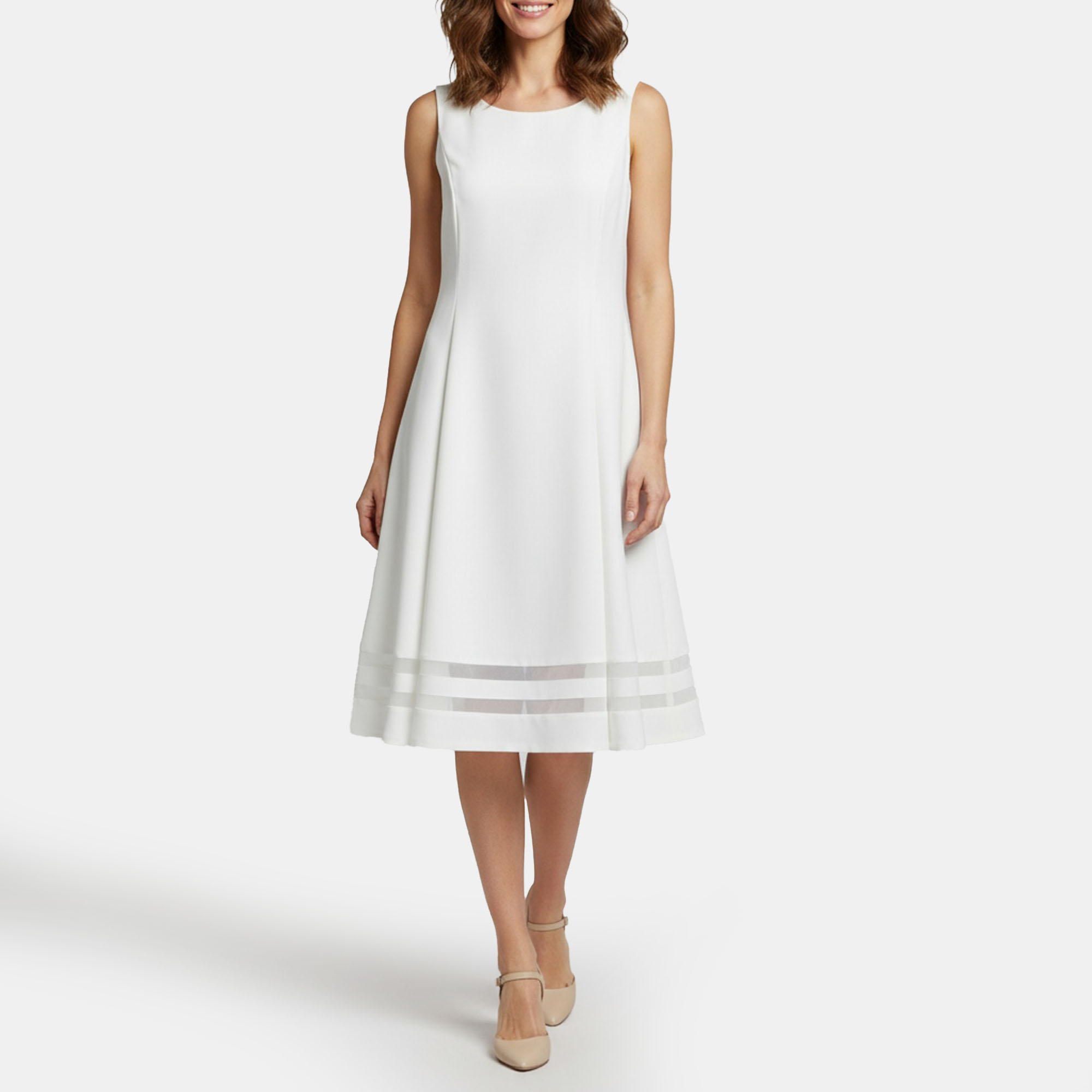 Calvin Klein White Striped Crepe and Mesh Knit Sleeveless Dress