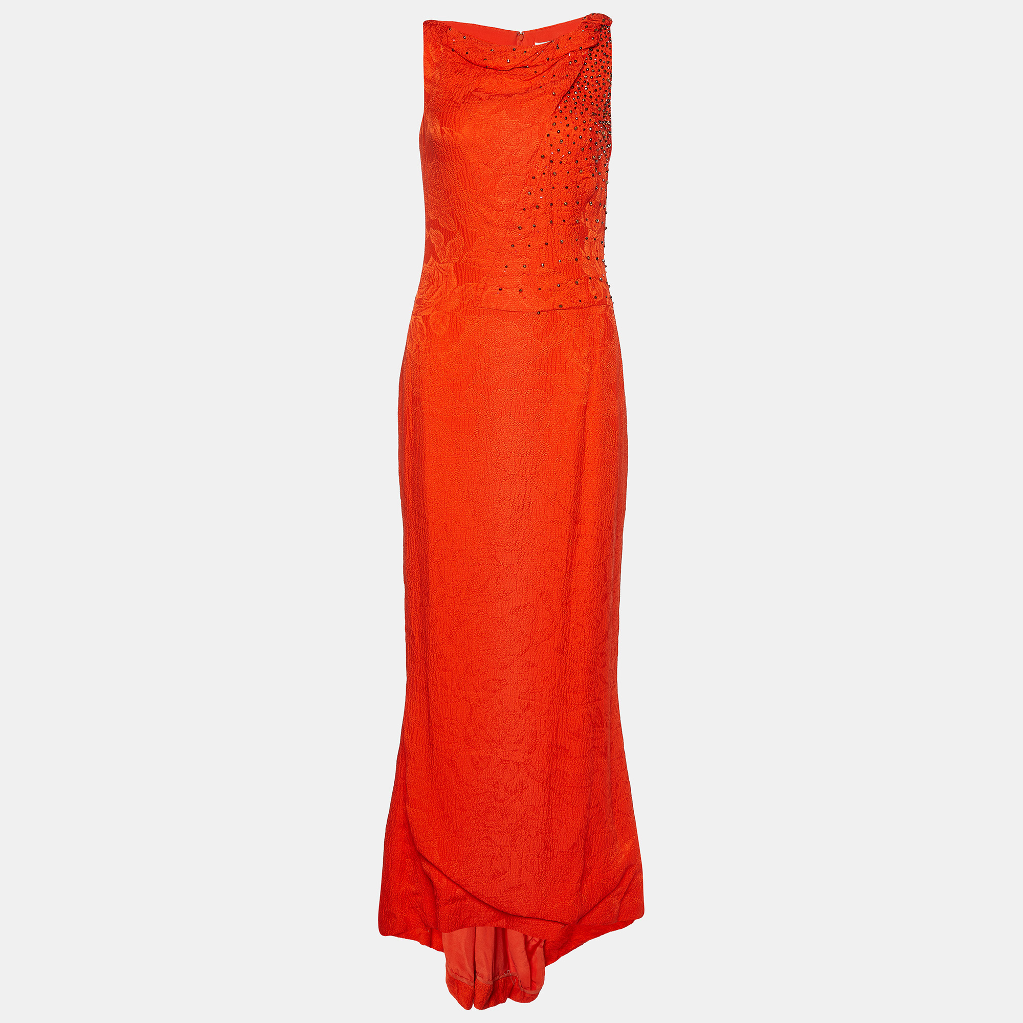 Carolina Herrera Orange Crinkled Silk Embellished Maxi Dress
