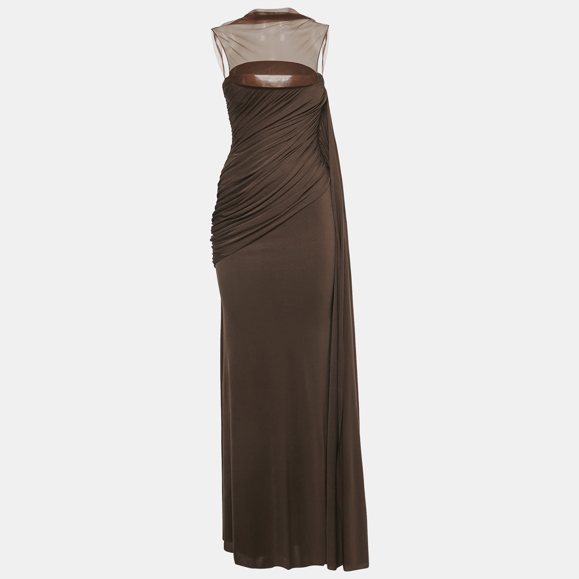 C.Dam Brown Jersey and Tulle Metallic Cup Disa Dress