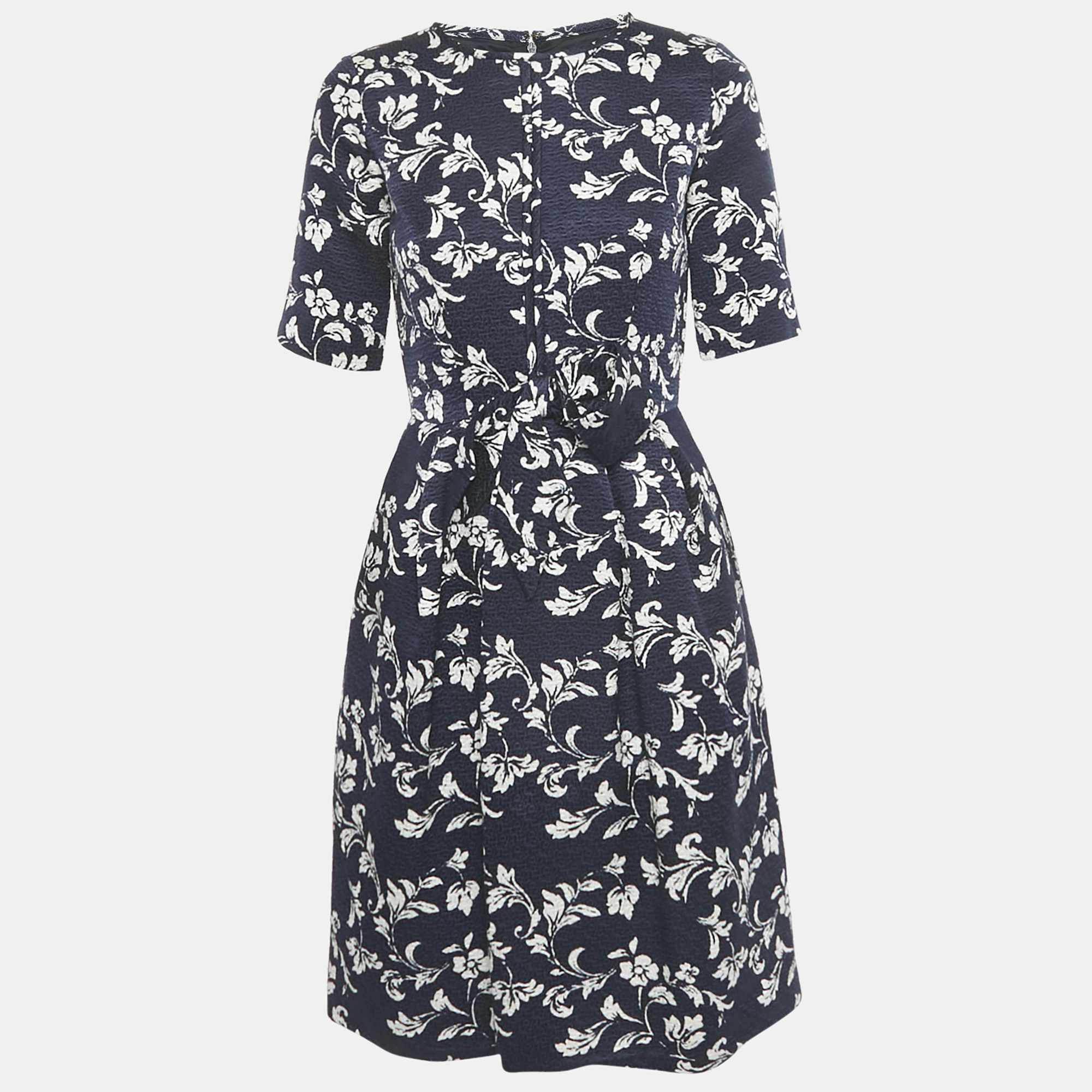CH Carolina Herrera Navy Blue Floral Print Jacquard Bow Detail Short Dress