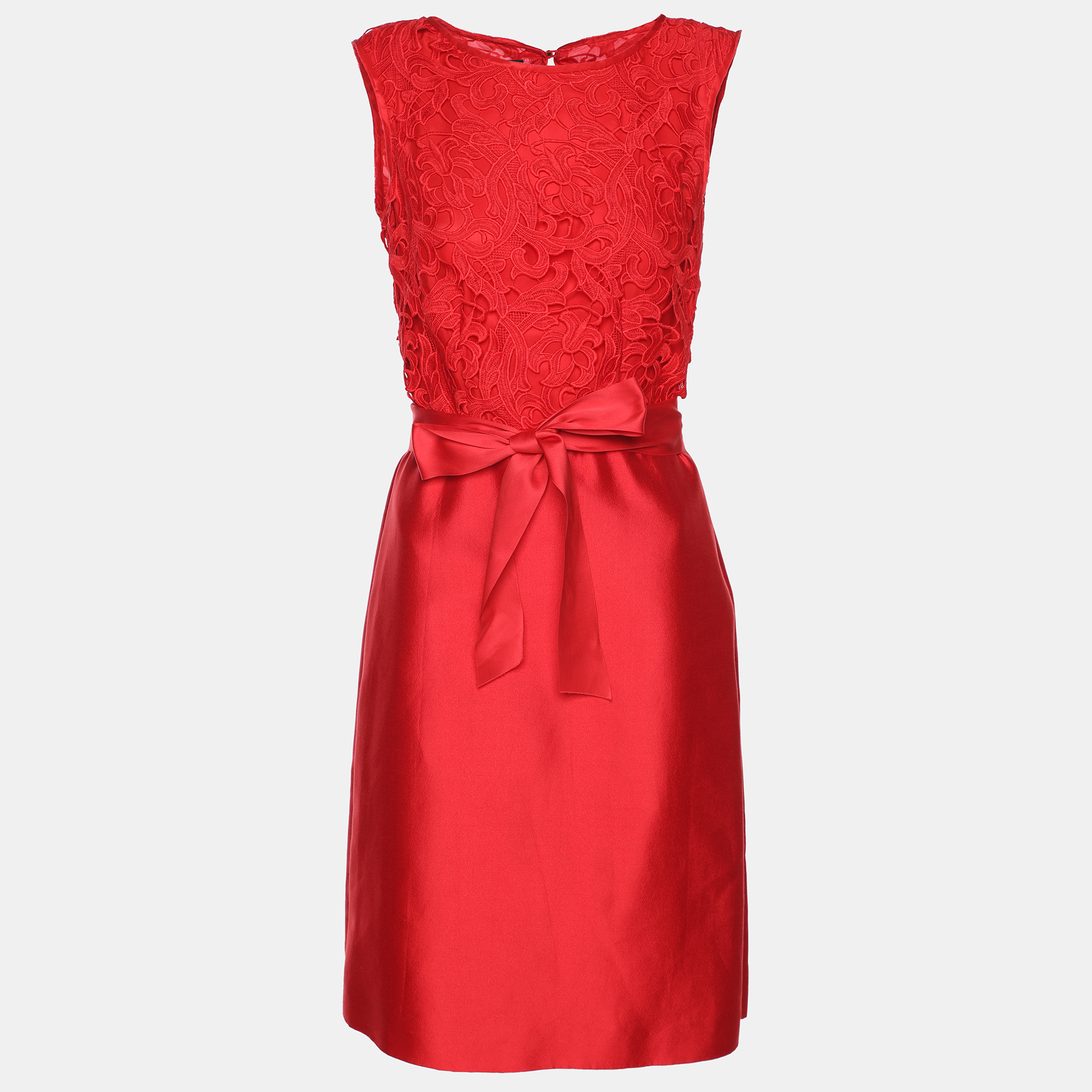CH Carolina Herrera Red Floral Lace & Crepe Sleeveless Short Dress