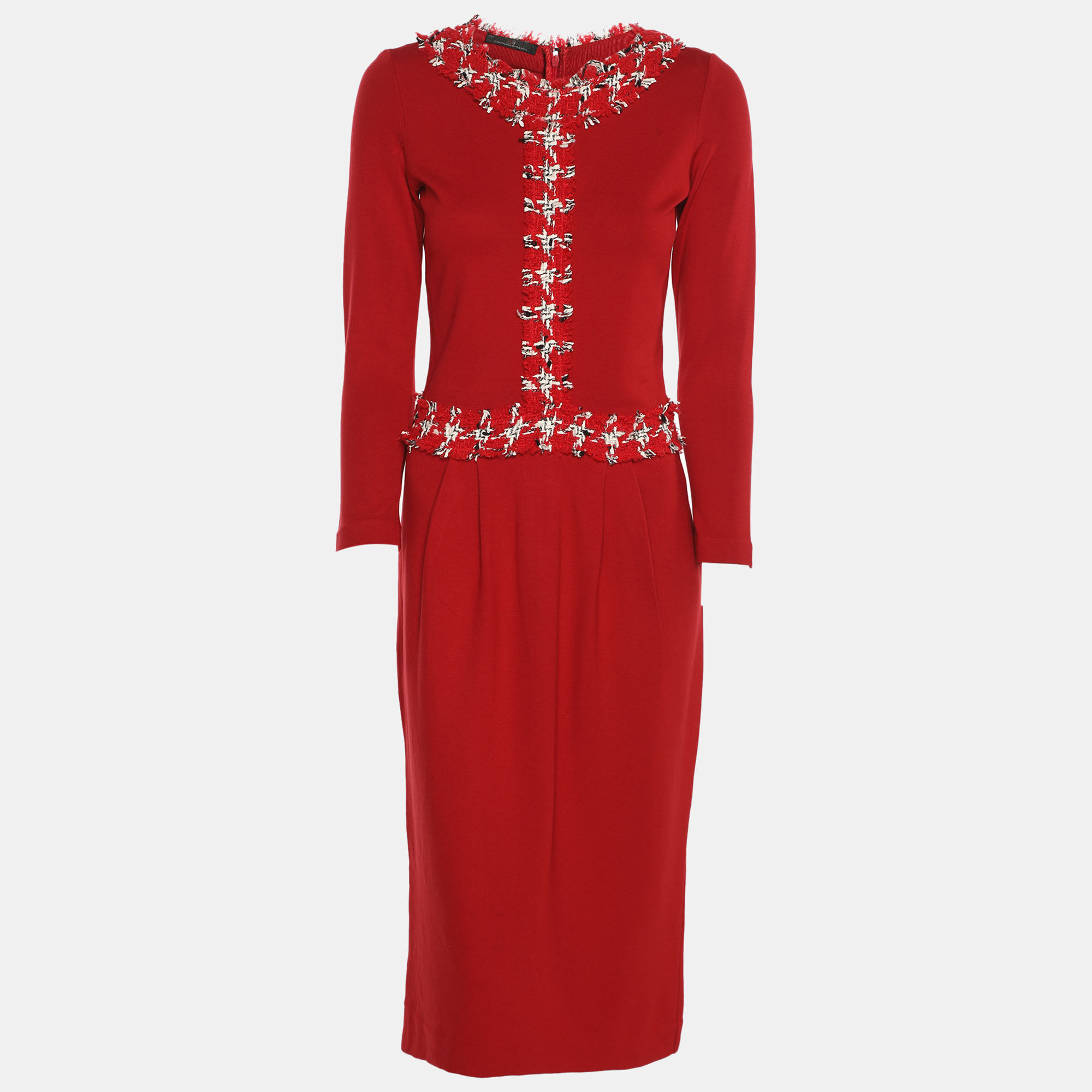 CH Carolina Herrera Red Jersey Tweed Detail Midi Dress X