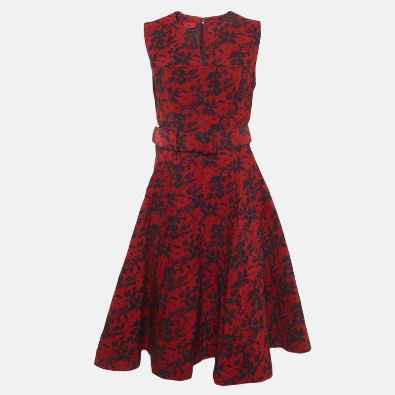 CH Carolina Herrera Red Embossed Floral Print Belted Mini Dress