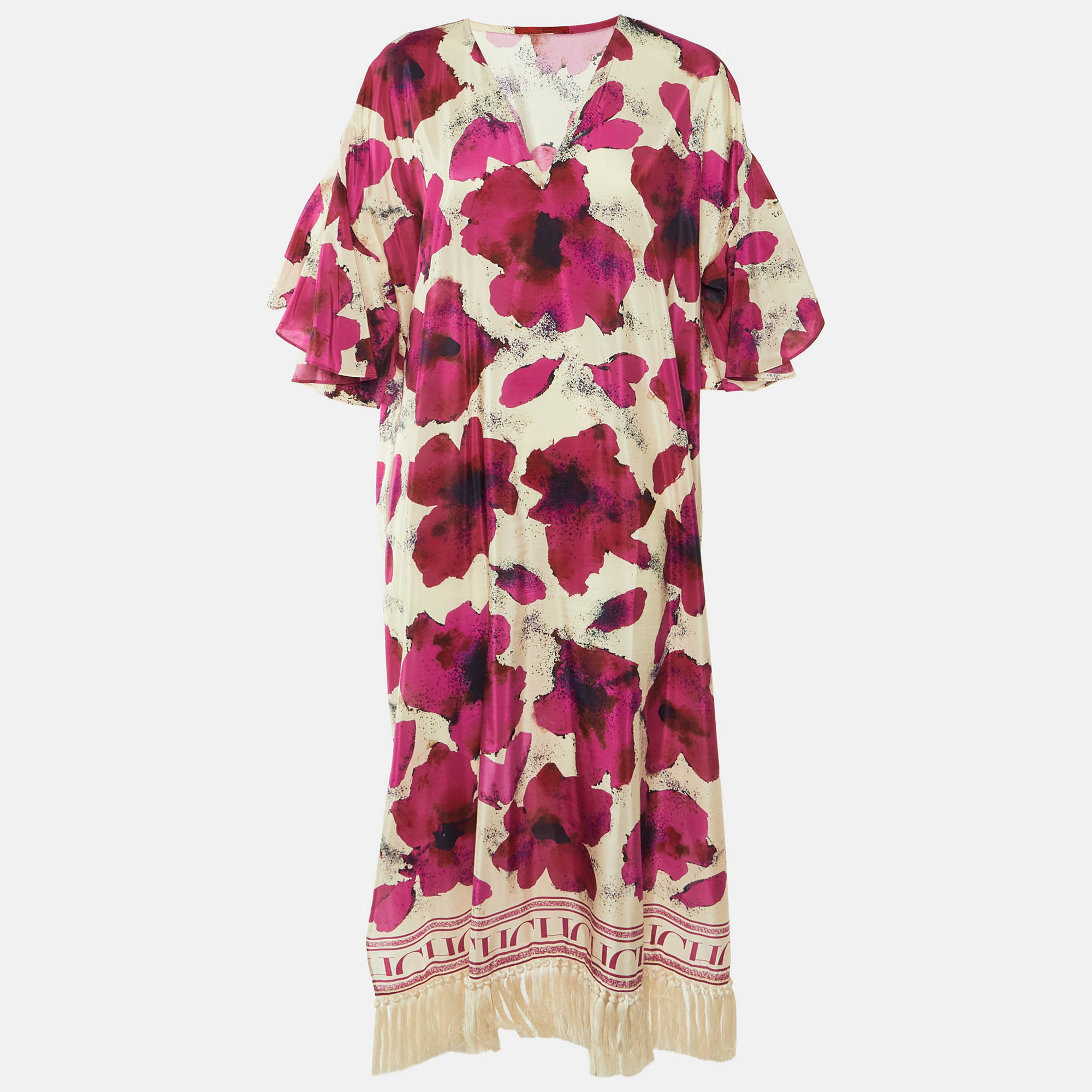 CH Carolina Herrera Pink Floral Printed Silk & Cotton Tassel Detail Maxi Dress