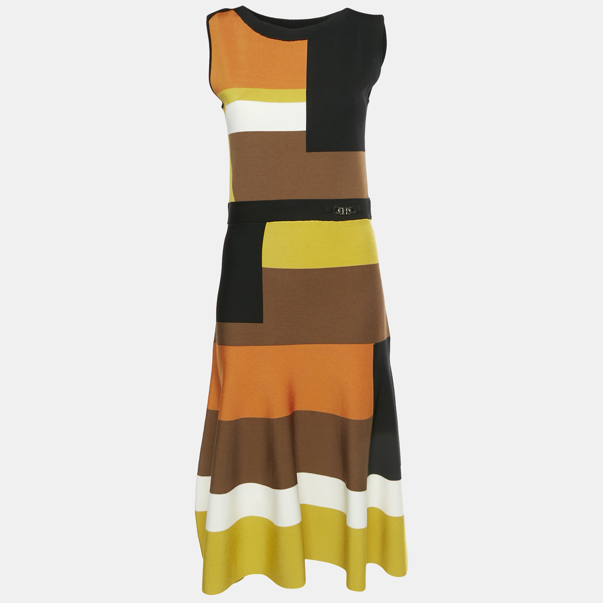CH Carolina Herrera YellowBlack Stretch Knit Flared Midi Dress