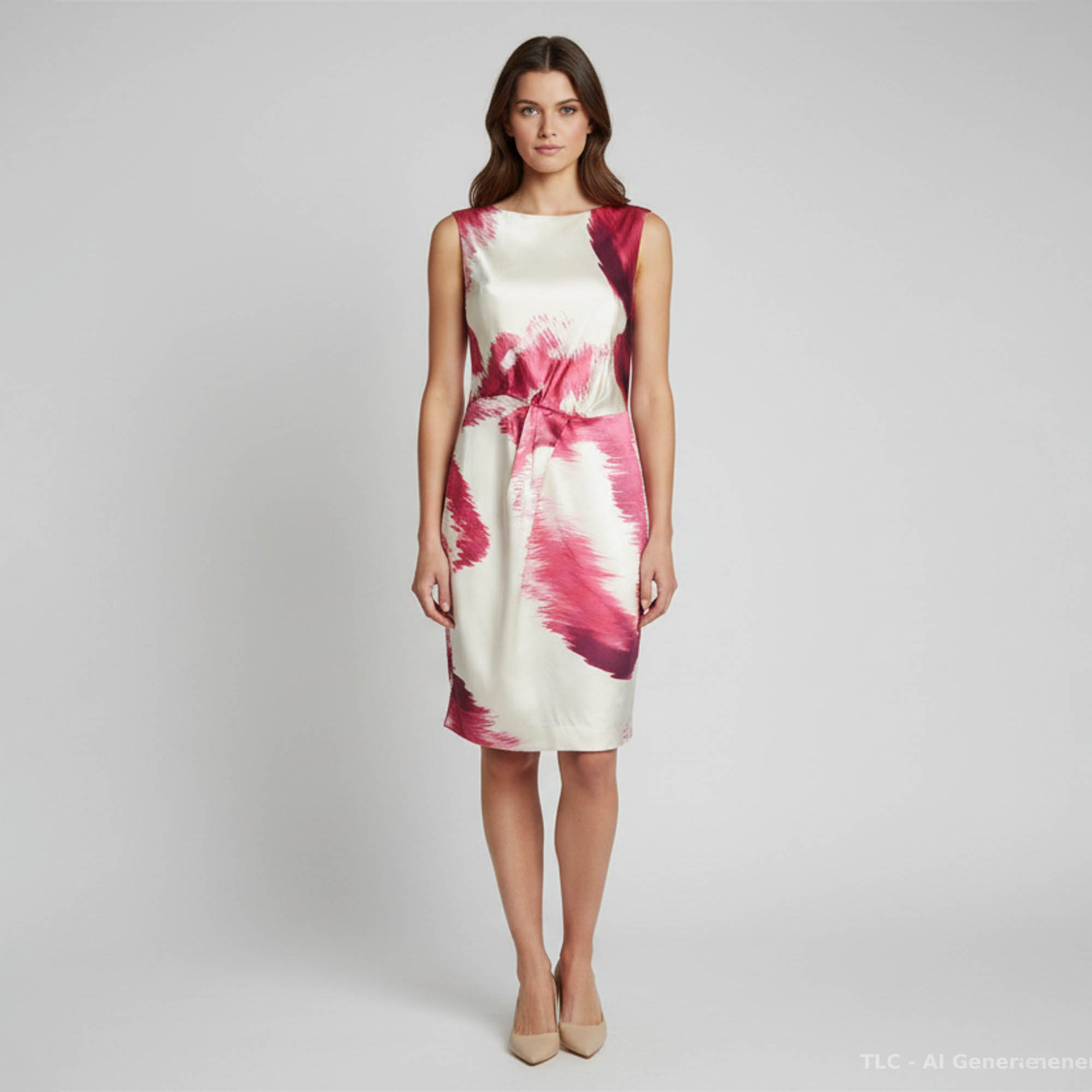 CH Carolina Herrera Creme Printed Satin Sleeveless Dress