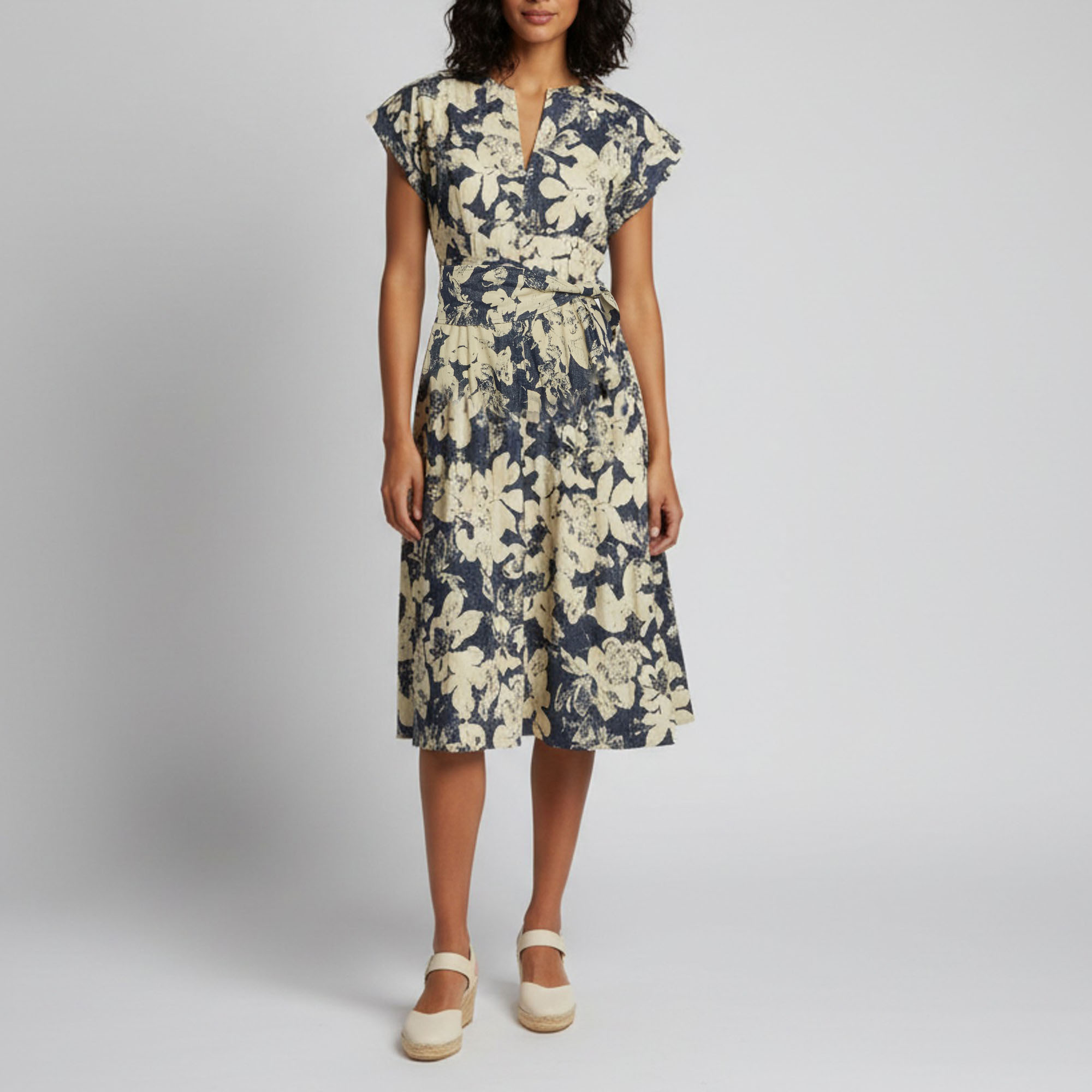 CH Carolina Herrera Navy Blue Floral Print Linen Blend Flared Midi Dress