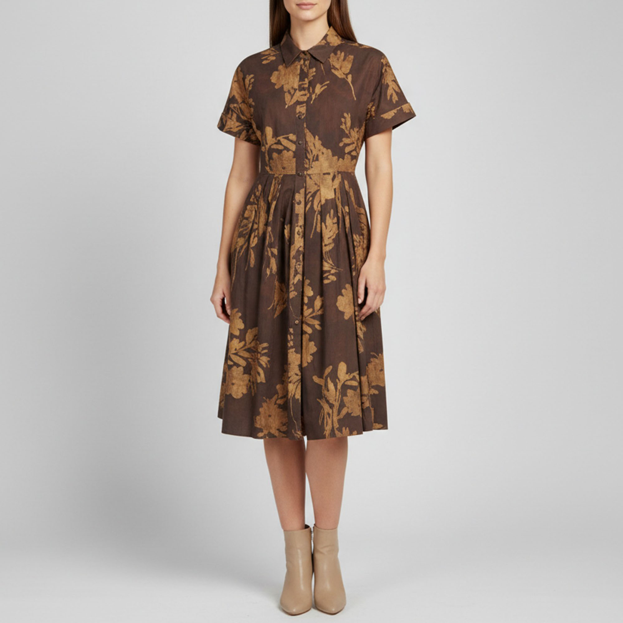 CH Carolina Herrera Brown Jasmine Biznaga Print Cotton Shirt Dress