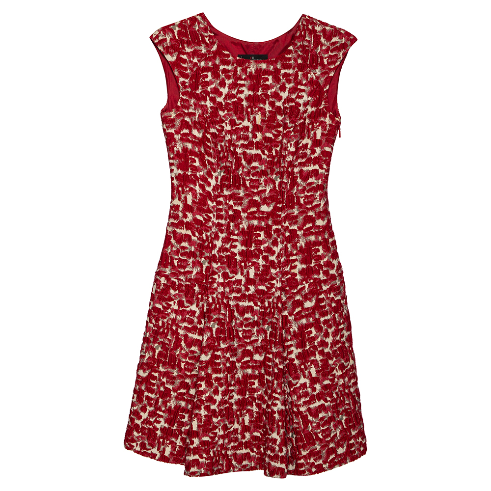 CH Carolina Herrera Red Wool Jacquard Paneled Pleated Dress