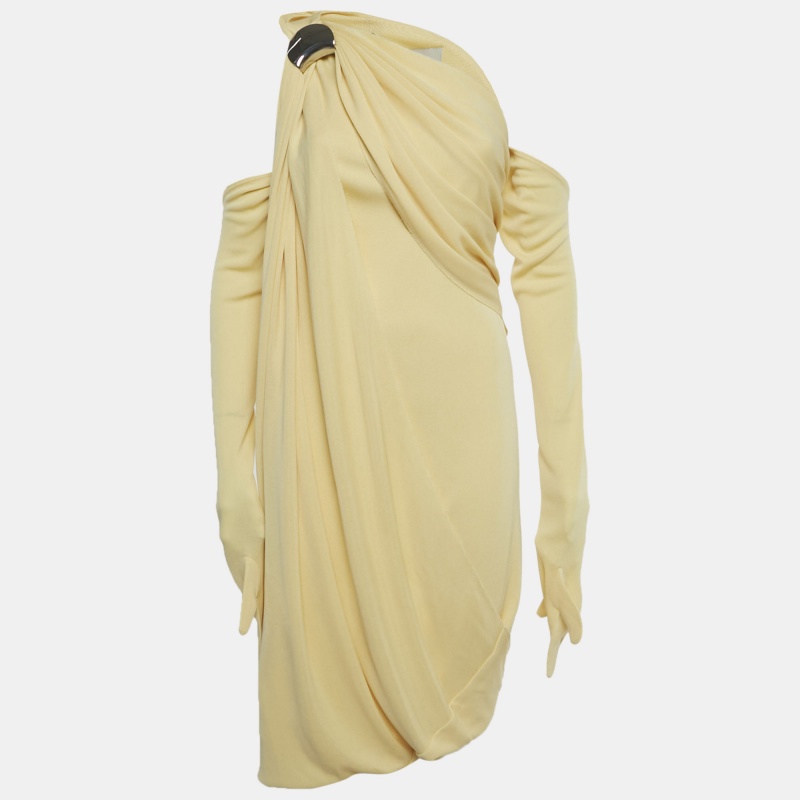 Chats By C.Dam Yellow Jersey One-Shoulder Draped Mini Dress