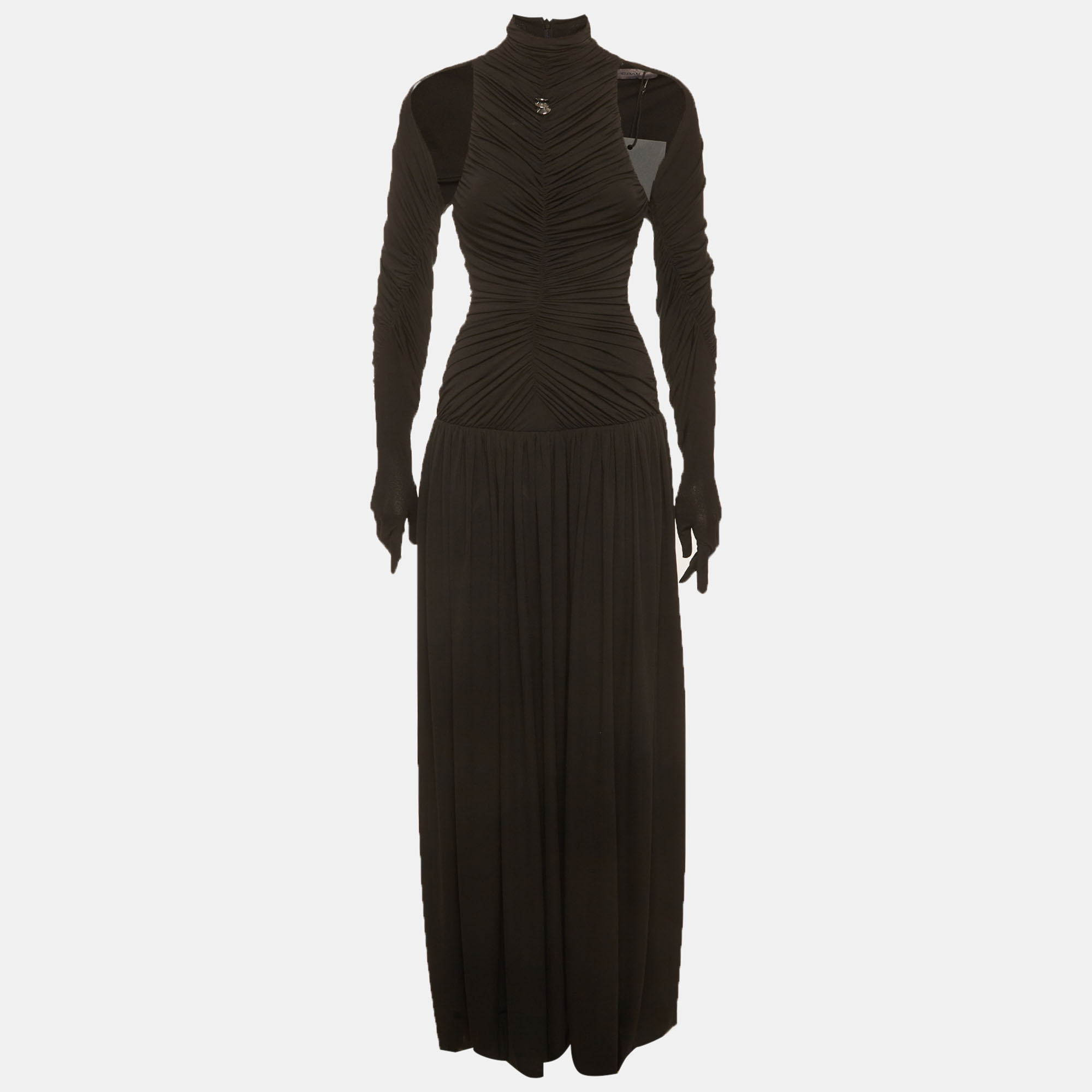 Chats by C. Dam Black Crepe Knit Ruched High Neck Maxi Dress