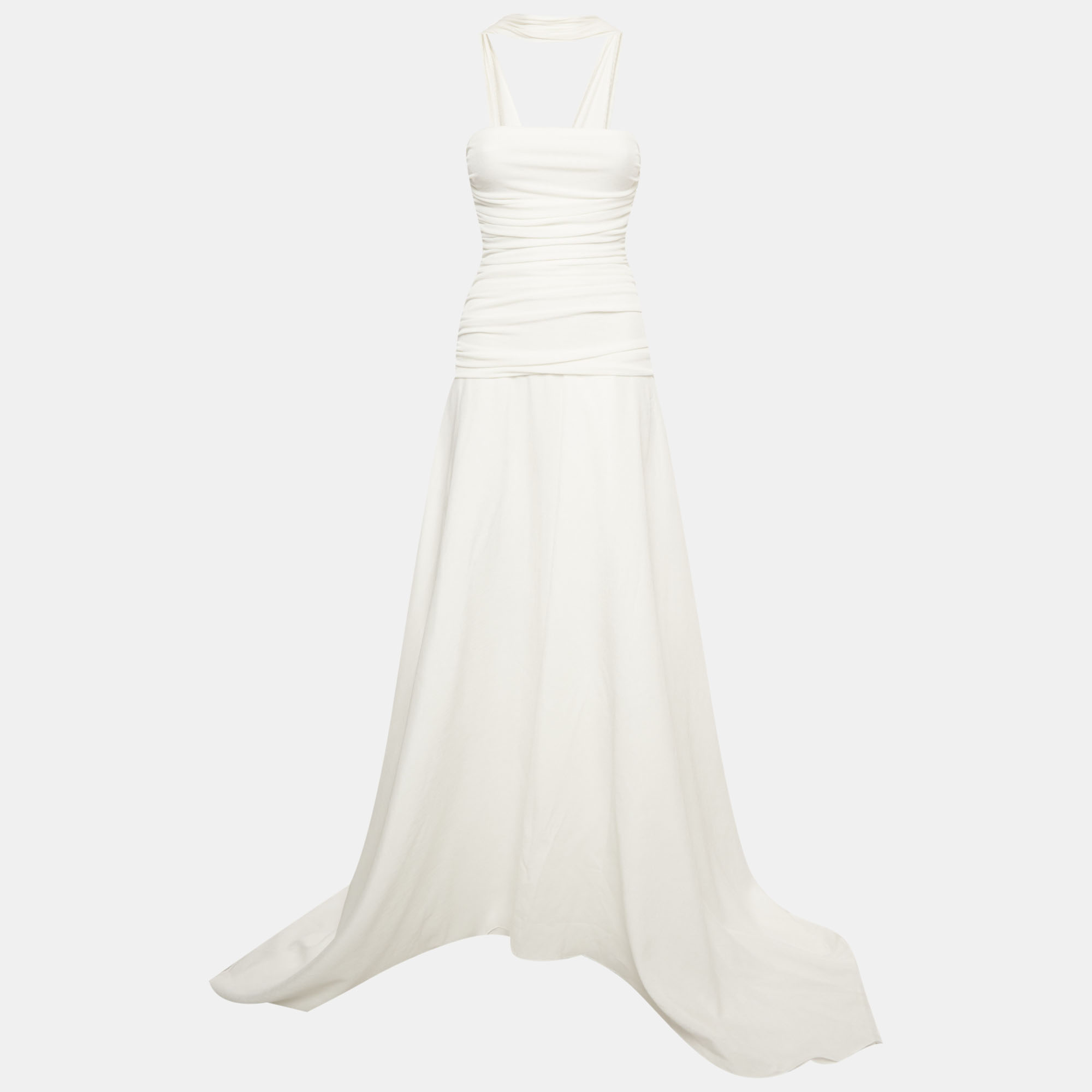 Chats By C.Dam White Jersey and Linen Draped Dress