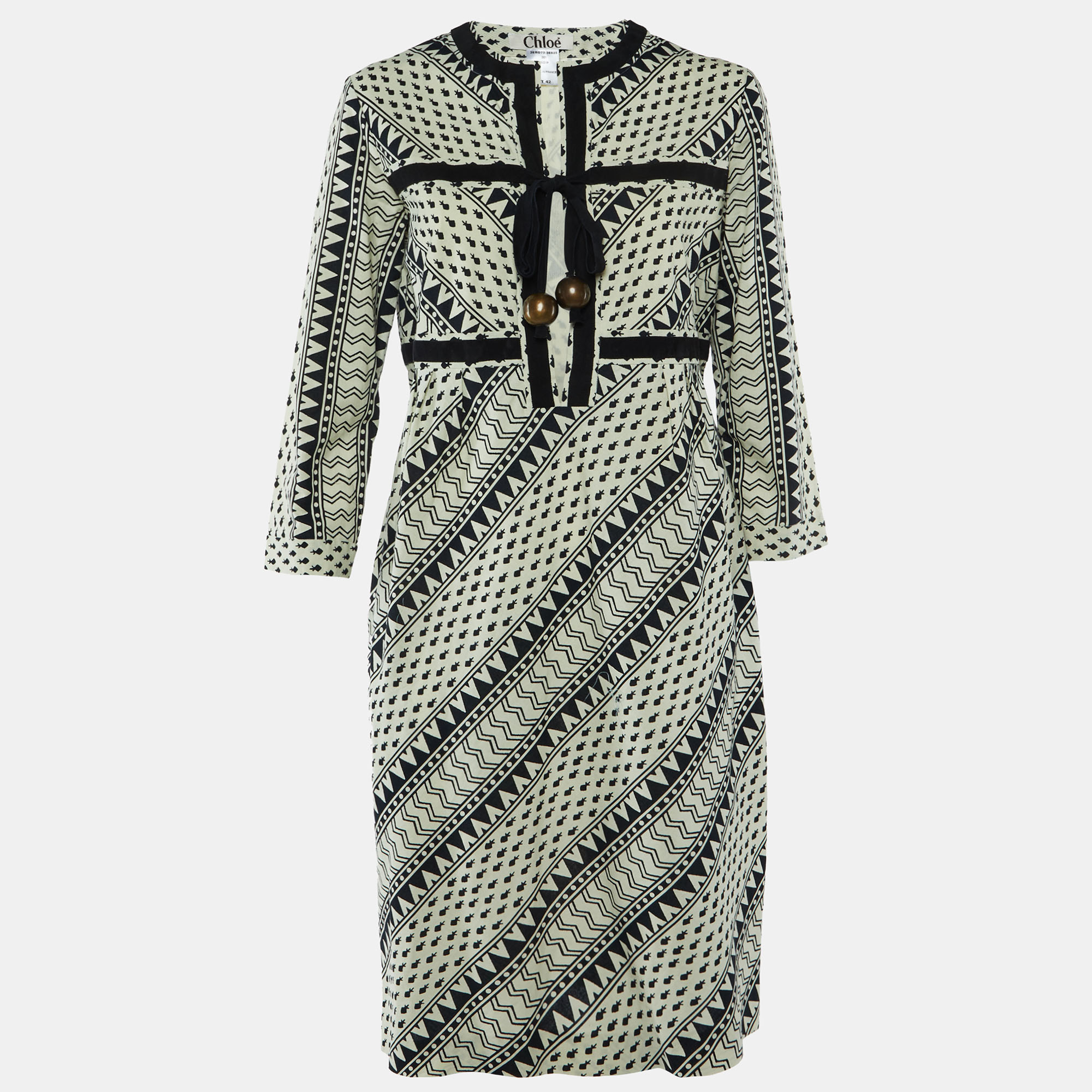Chloe Black Printed Cotton Tie Detail Midi Dress