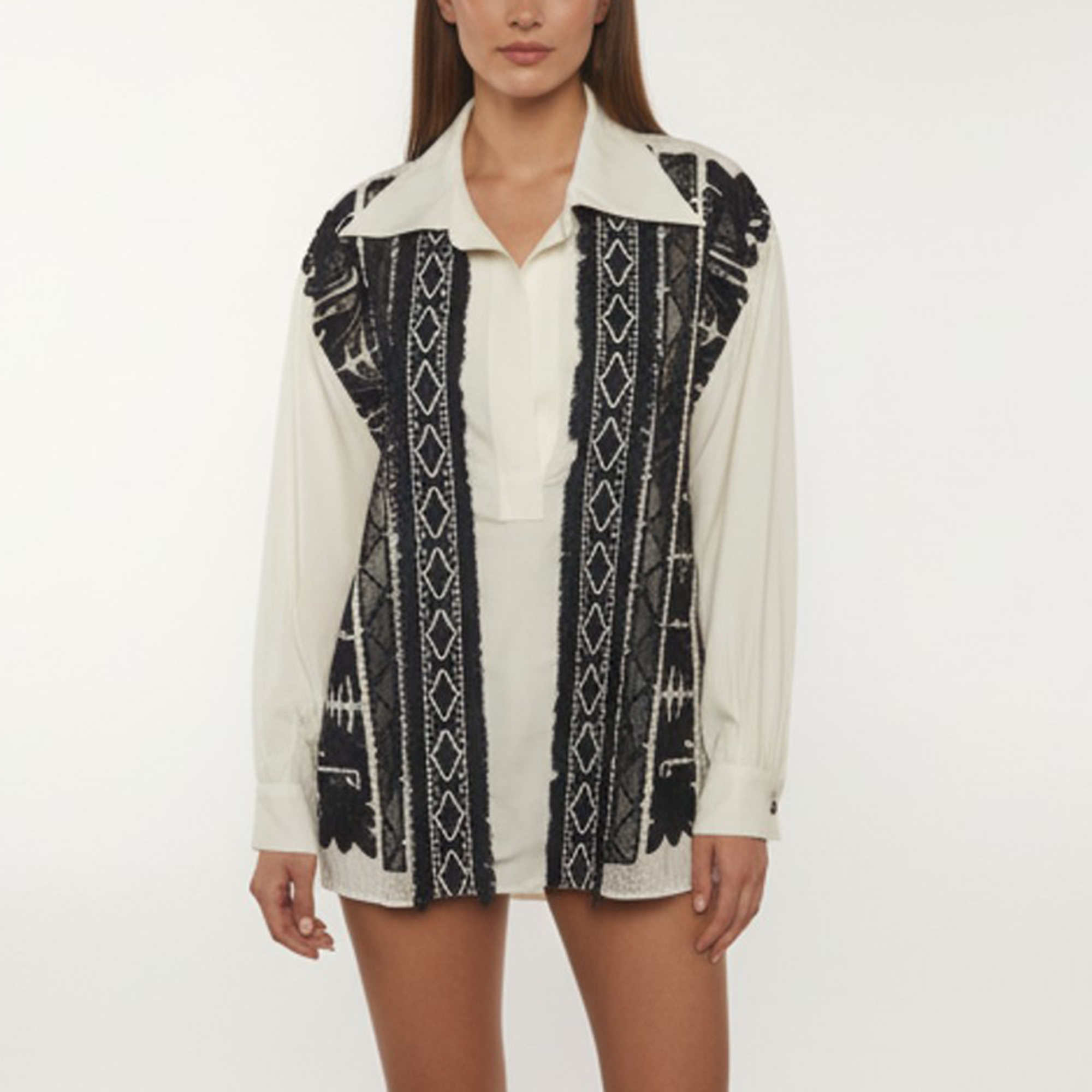 Chloe WhiteNavy Blue Embroidered Inset Crepe Blouse