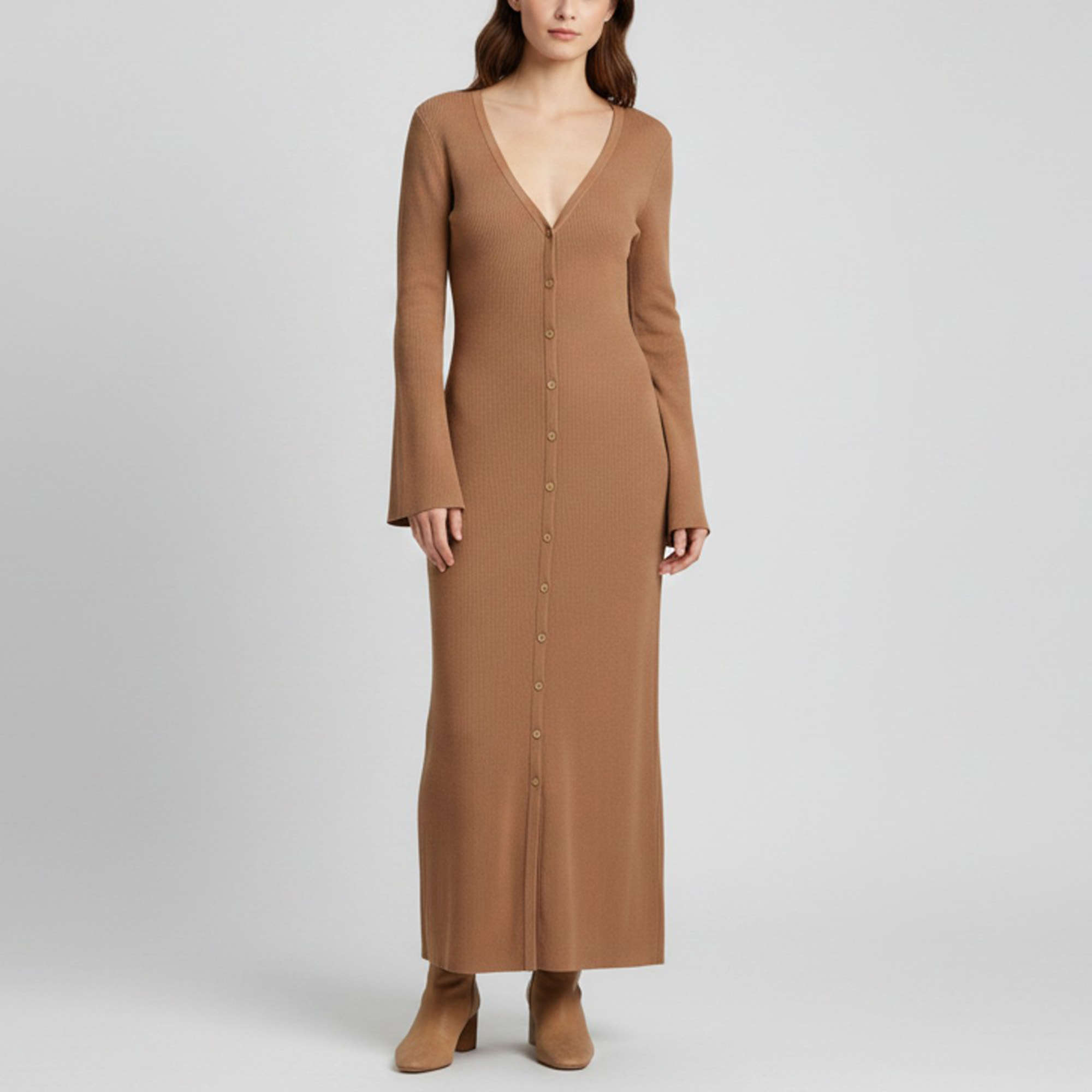 Chloé Brown Wool Long Sleeve Maxi Dress
