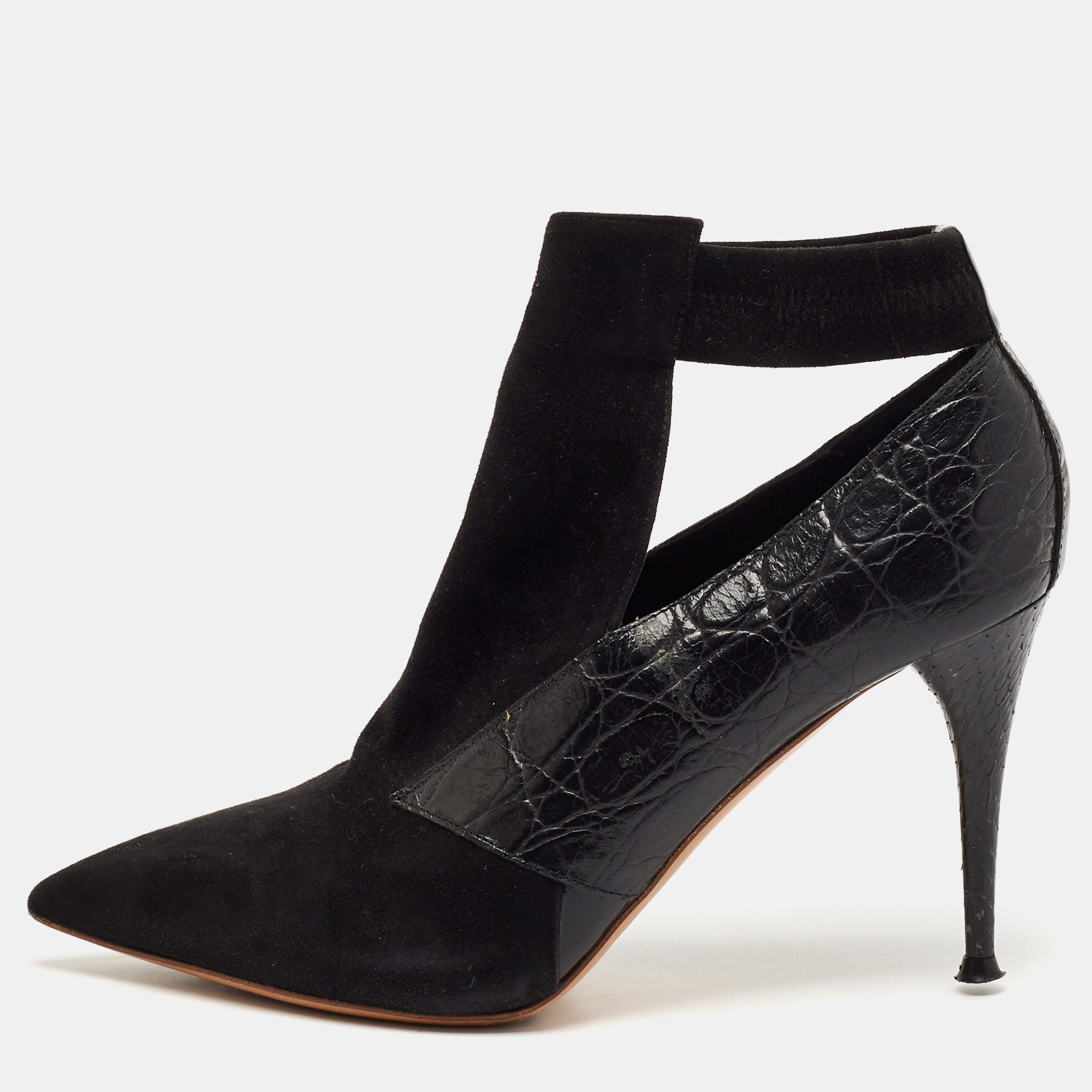 Chloe Black Croc Embossed Leather and Suede Ankle Length Boots