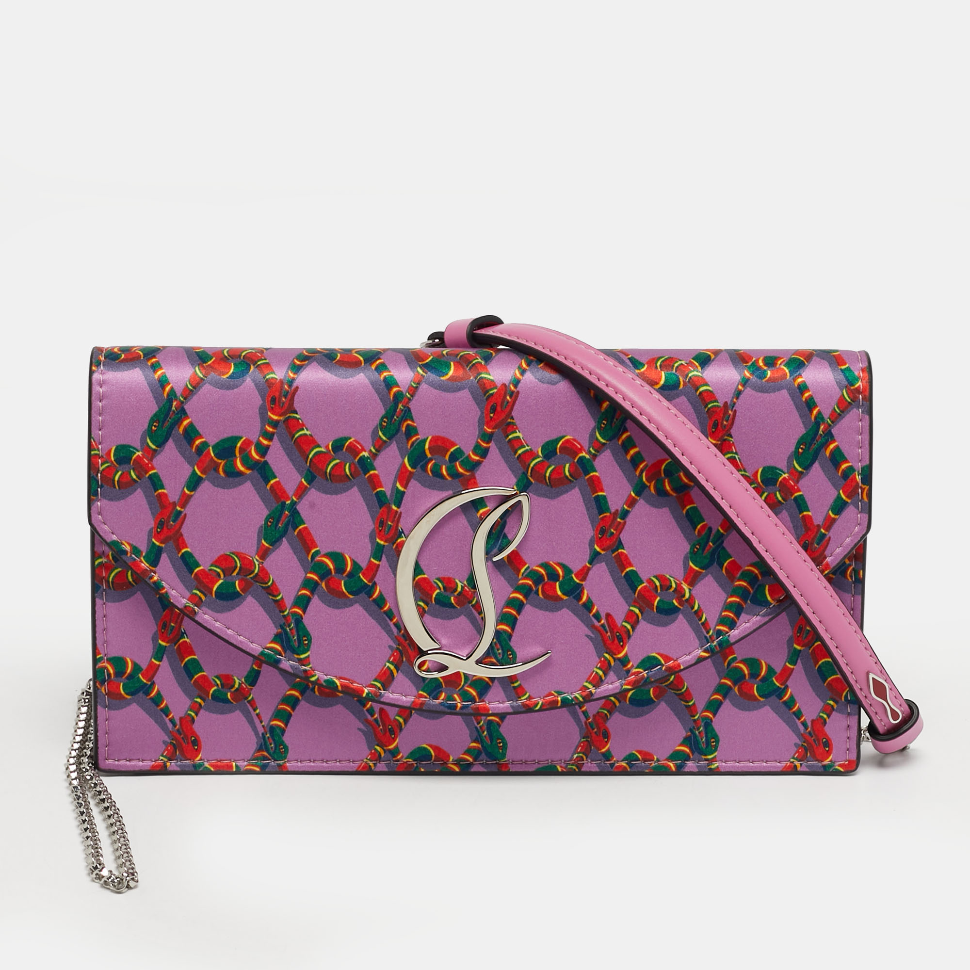 Christian Louboutin Loubi Purple Snake Print Satin Clutch Bag