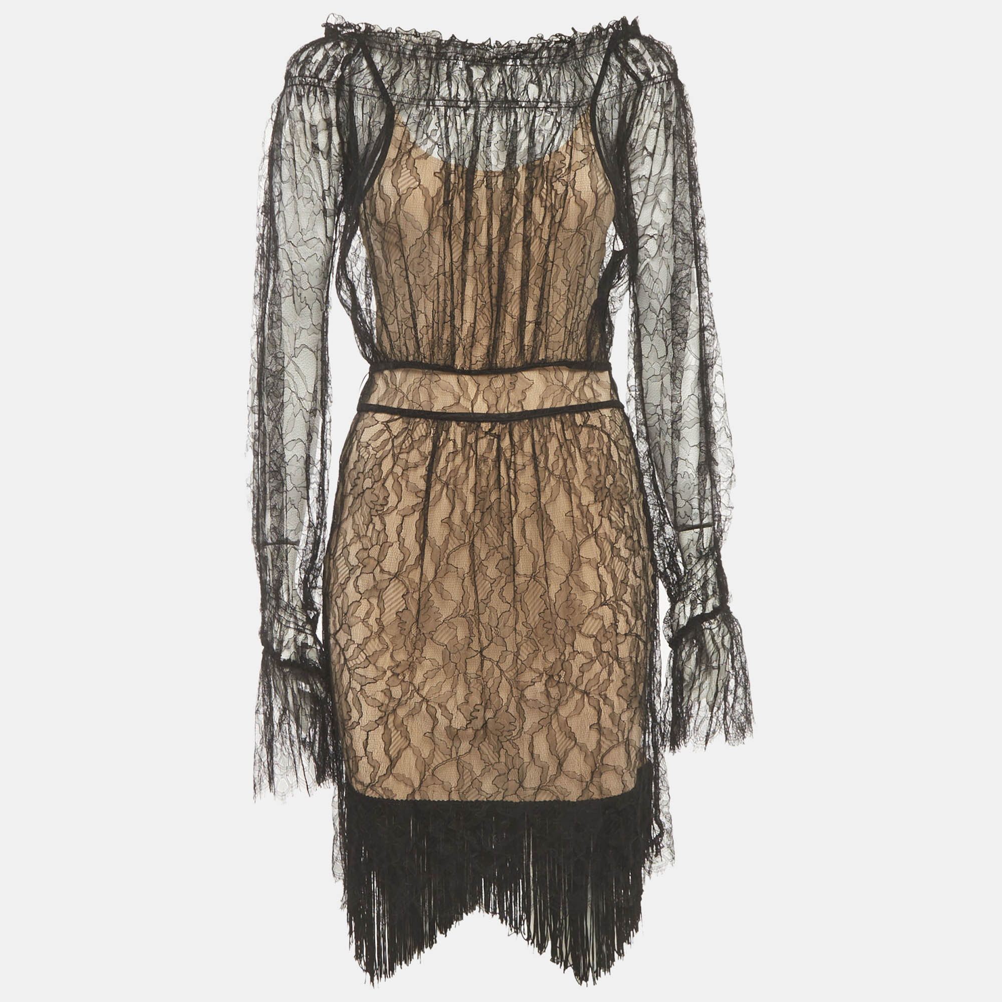Class by Roberto Cavalli BlackBeige Sheer Lace Off Shoulder Dress