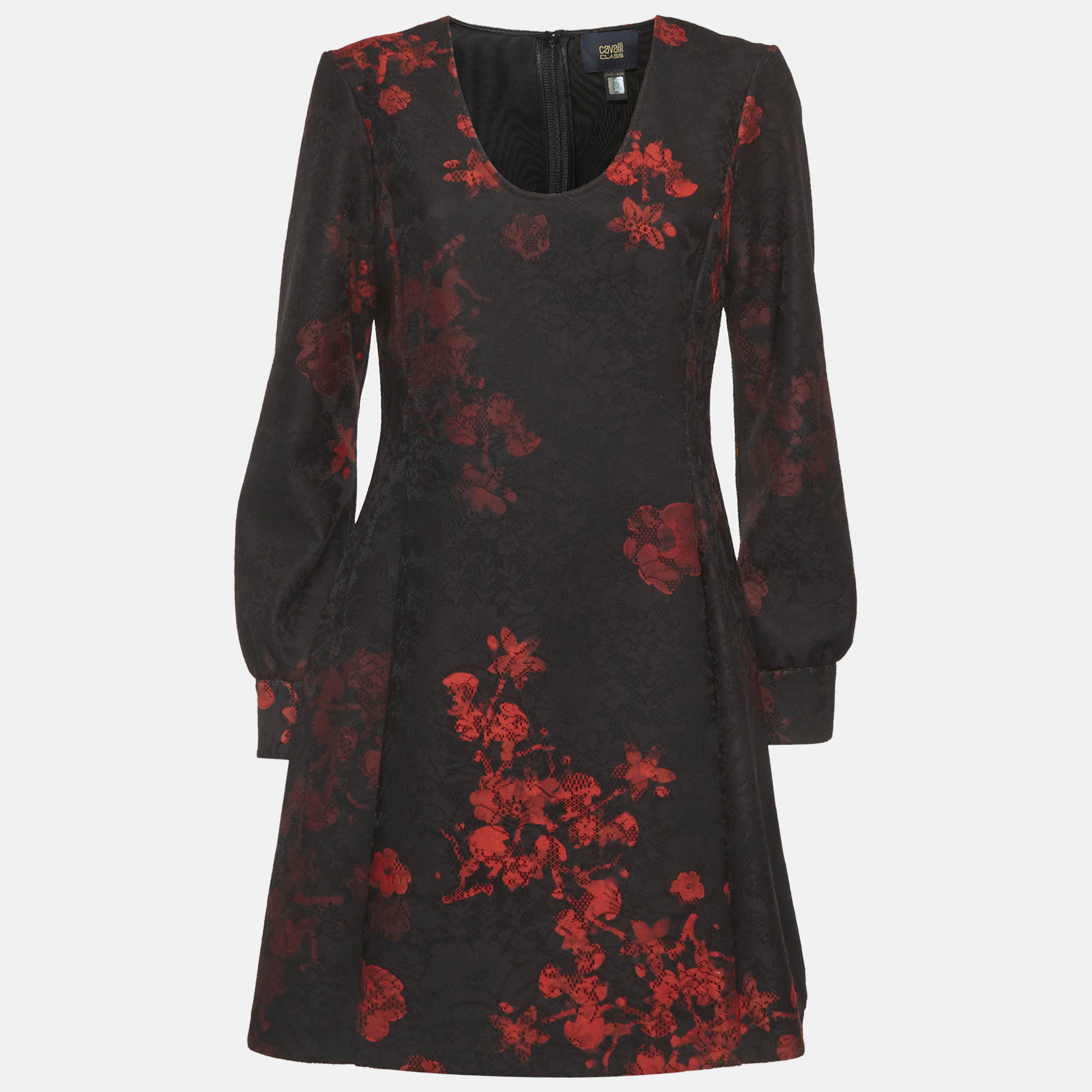 Cavalli Class BlackRed Printed Lace Scoop Neck Mini Dress