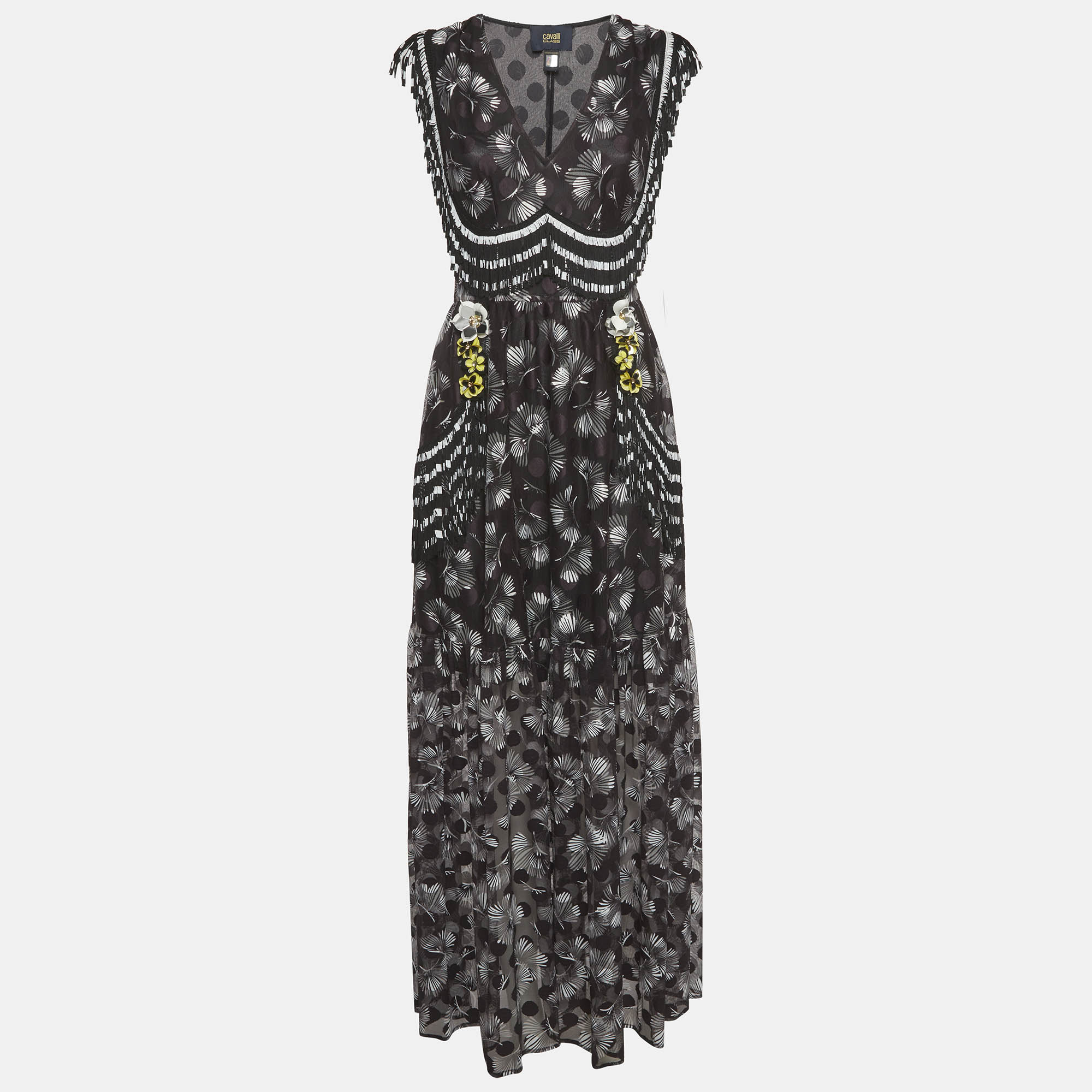 Class by Roberto Cavalli Black Mesh Floral Print Fringed Maxi Dress