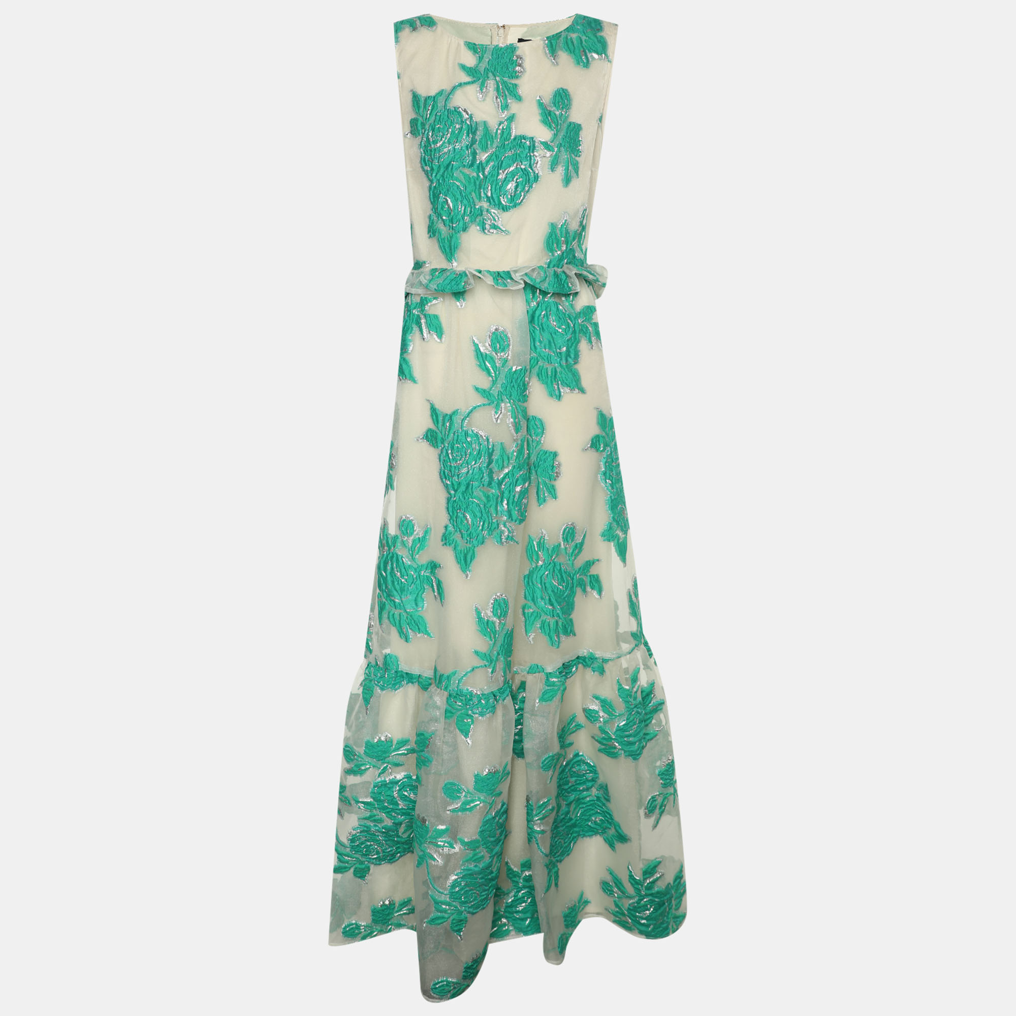 Class by Roberto Cavalli WhiteGreen Tulle Embroidered Maxi Dress