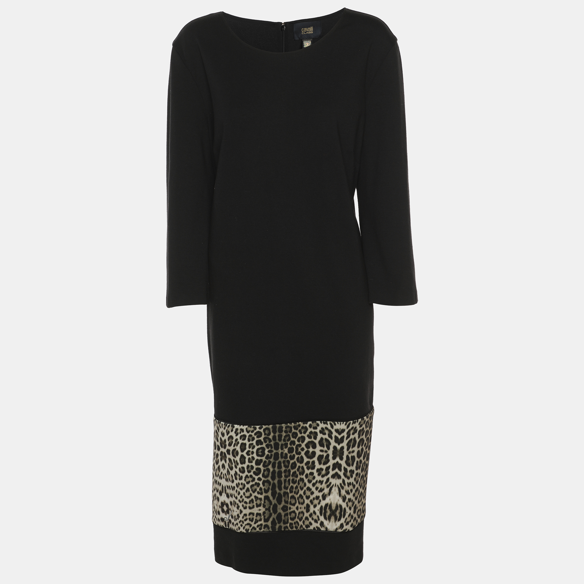 Class by Roberto Cavalli Black Jersey Leopard Print Details Long Sleeve Midi Dress