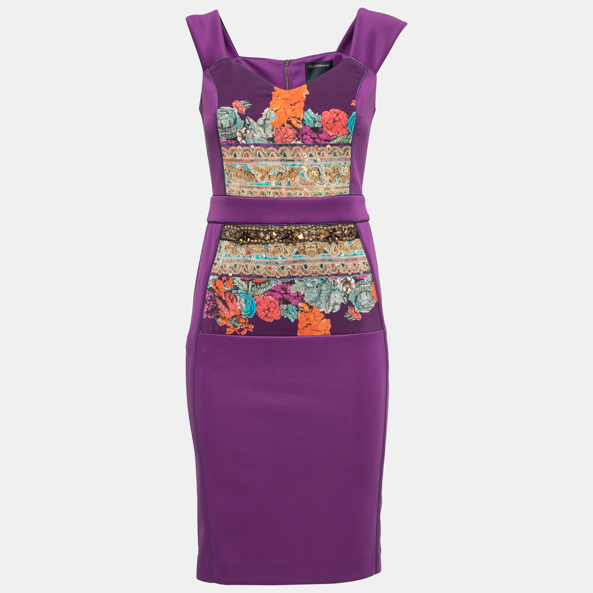 Class by Roberto Cavalli Purple Jersey Floral Applique Beaded Bodycon Dress